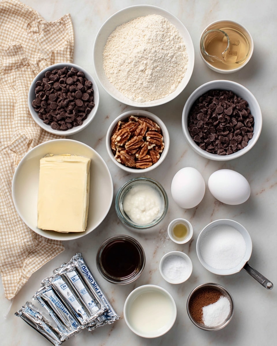 The image shows multiple white bowls and containers arranged neatly on a white marbled surface. There are four white eggs placed in the middle right and one egg near the center left. Two larger white bowls hold dark chocolate chips, one smaller white bowl holds brown sugar, another has chopped pecans, and a third contains flour. There are four silver foil-wrapped sticks of butter stacked on the bottom left side. Two small metal cups have dark liquid, and a glass measuring cup holds cream. A small white cup contains chocolate syrup, and three tiny white bowls each hold small amounts of white granulated sugar, salt, and baking soda. A white kitchen towel with a beige checkered pattern lies partially visible on the far left. The photo taken with an iphone --ar 4:5 --v 7