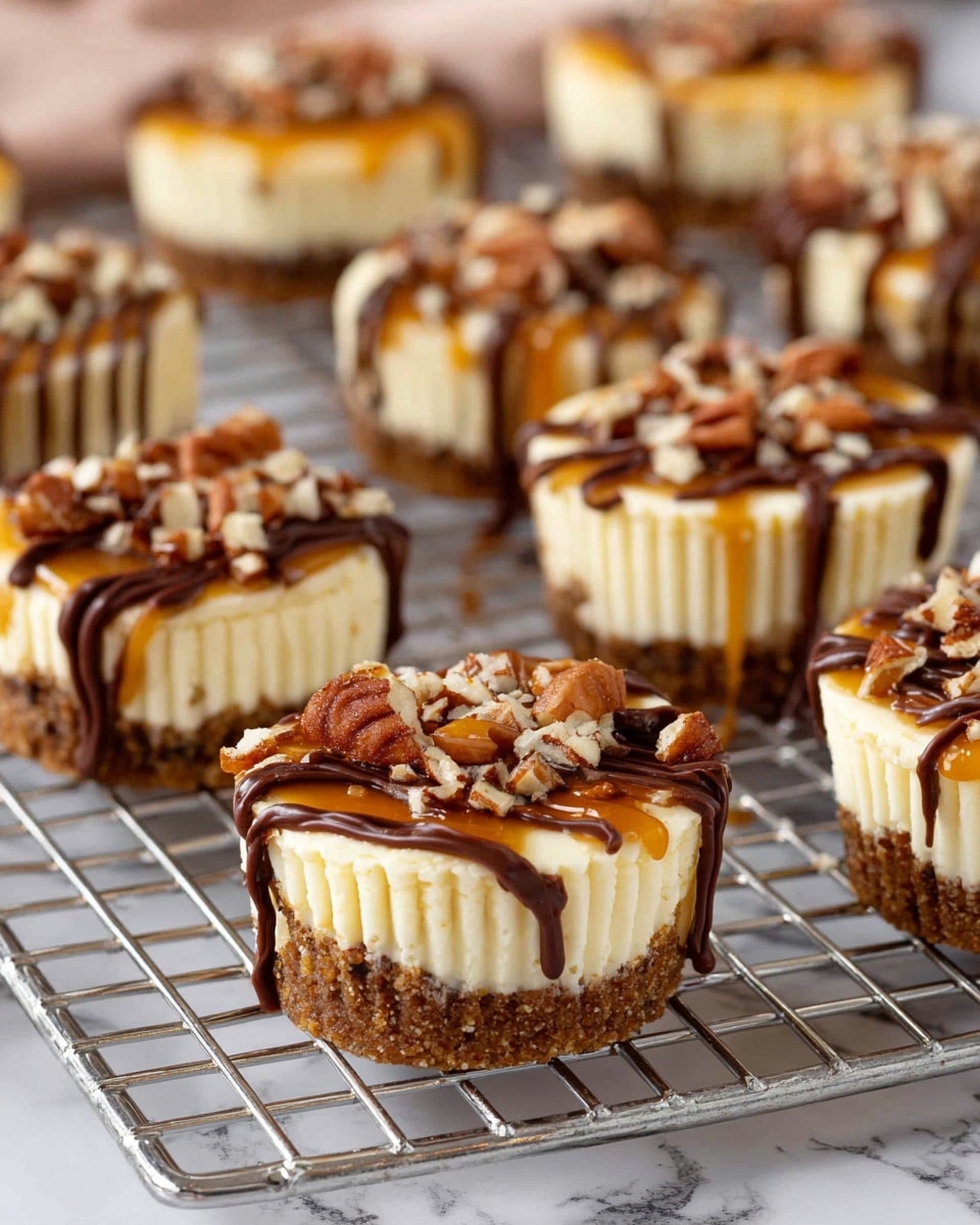 The image shows several mini cheesecakes arranged on a cooling rack with a white marbled surface underneath. Each cheesecake has three layers: the bottom layer is a brown crumbly crust, the middle layer is a smooth and creamy off-white cheesecake filling, and the top layer is decorated with a shiny light caramel sauce. There are dark chocolate drizzles crossing over the caramel on the top, and chopped pecan pieces are scattered over each cheesecake, adding texture and color. The cheesecakes have ridged cupcake liners around them, and the focus is on the front cheesecakes with the background slightly blurred. photo taken with an iphone --ar 4:5 --v 7