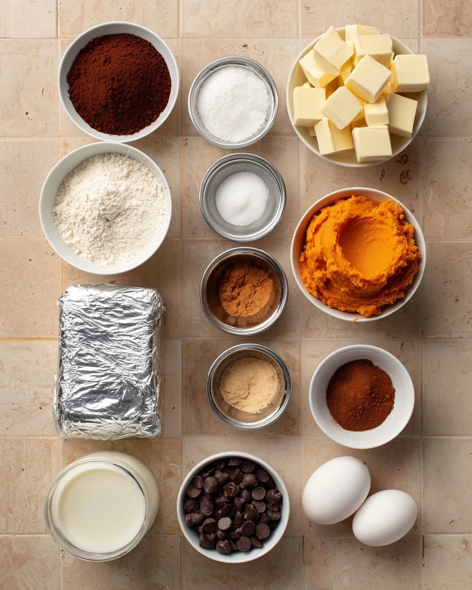 The image shows 15 small white bowls and containers arranged neatly on a beige tiled surface, each holding a different baking ingredient. Starting from the top left, there is a bowl of dark brown cocoa powder, followed by a bowl of white flour. Next, a bowl with medium-sized cubes of pale yellow butter is on the top right. Below the cocoa powder is a bowl of white granulated sugar, and next to it is an orange mound of sweet potato puree in a larger bowl. There are three small metal bowls with white, light brown, and dark brown spices arranged in the middle right side. A silver-wrapped block of cream cheese is placed close to the bottom left. Near the bottom center, a white container holds thick milk or cream, and beside it, there is a bowl filled with dark chocolate chips. Three white eggs rest near the bottom right, completing the spread. The background surface is a clean white marbled texture. photo taken with an iphone --ar 4:5 --v 7
