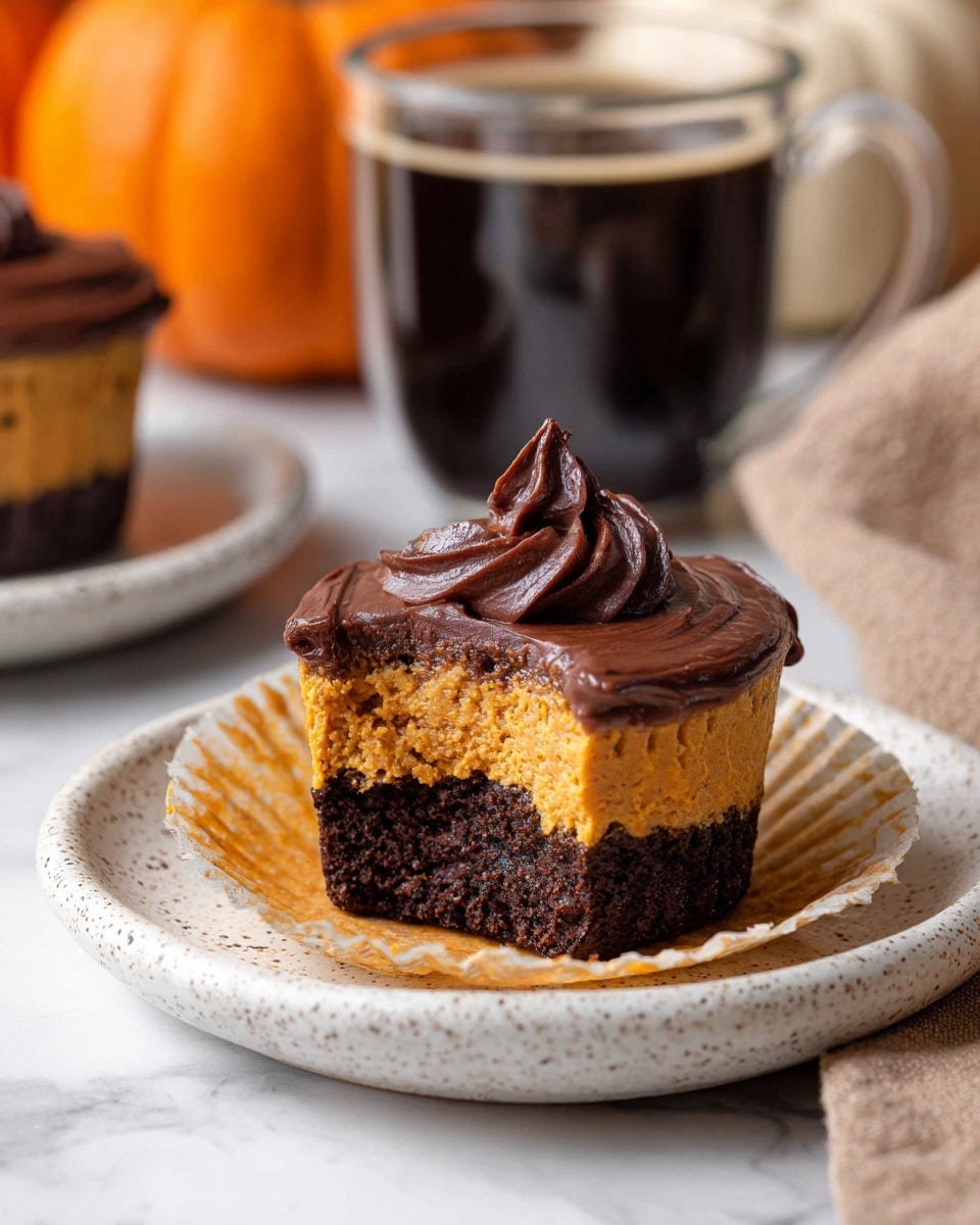 The image shows a cupcake with three clear layers placed on a white speckled plate on a white marbled surface. The bottom layer is dark brown with a dense texture, topped by a thick orange layer with a smooth and creamy look. The top layer is a glossy, thick dark chocolate frosting with a small swirl and one bite taken from the cupcake, revealing the layers clearly. In the background, there is a transparent glass mug with black coffee and some blurred pumpkins. photo taken with an iphone --ar 4:5 --v 7