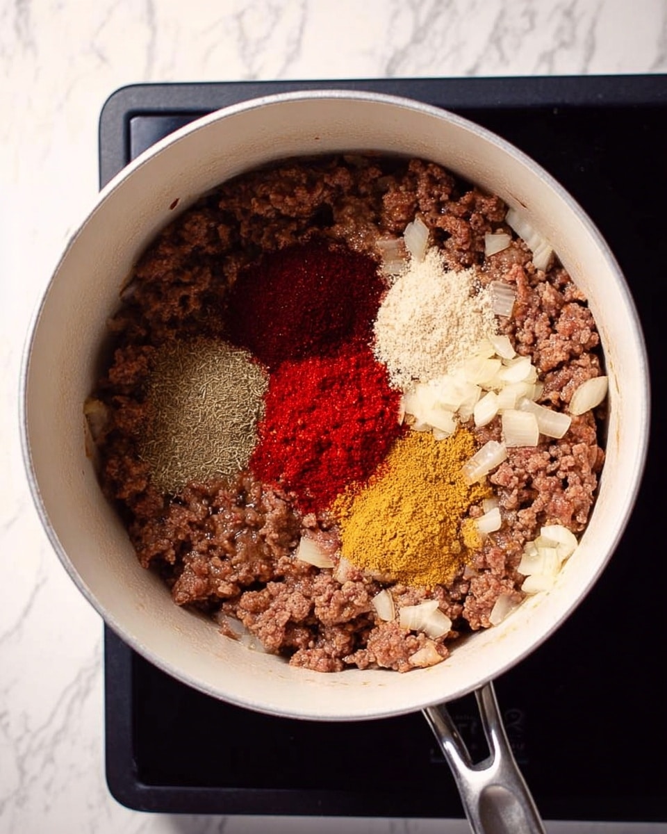 In a white pot filled with cooked ground meat mixed with small light beige onion pieces, there are five spices sitting on top in separate piles: one bright red, one dark red-brown, one light yellow, one medium yellow, and one white. The pot is placed on a black stove top with a metal handle visible on the right side. The whole scene is set on a white marbled texture photo taken with an iphone --ar 4:5 --v 7