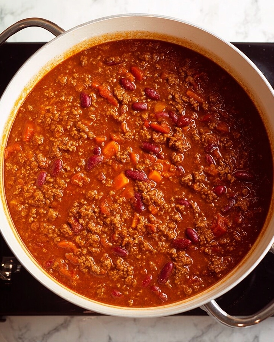 A large white pot filled with a thick stew made of ground meat, kidney beans, and chunks of orange carrot, all mixed in a rich reddish-brown sauce. The stew has a slightly shiny, moist texture with visible small lumps and pieces spread evenly throughout. The pot is placed on a black stovetop with metallic handles on either side. The background is a white marbled surface. photo taken with an iphone --ar 4:5 --v 7