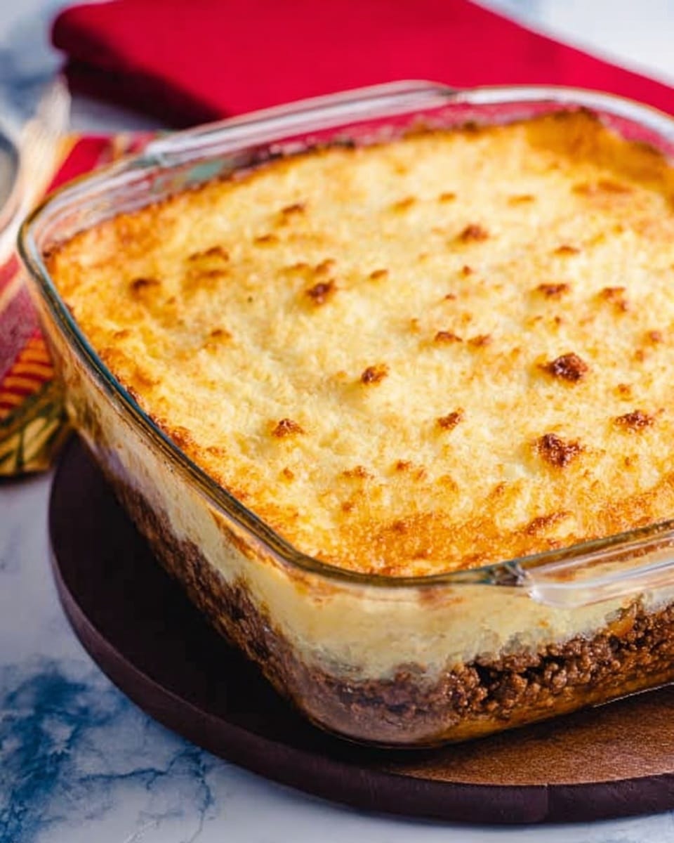 The image shows a square clear glass baking dish filled with a layered casserole. The top layer is a golden brown, slightly crispy mashed potato crust with small browned spots scattered across the surface. Below the potato layer, a thick, darker layer of cooked ground meat mixture is visible near the bottom edges of the dish. The dish sits on a round black board against a white marbled surface, with a red cloth napkin and some blurred background items. Photo taken with an iphone --ar 4:5 --v 7