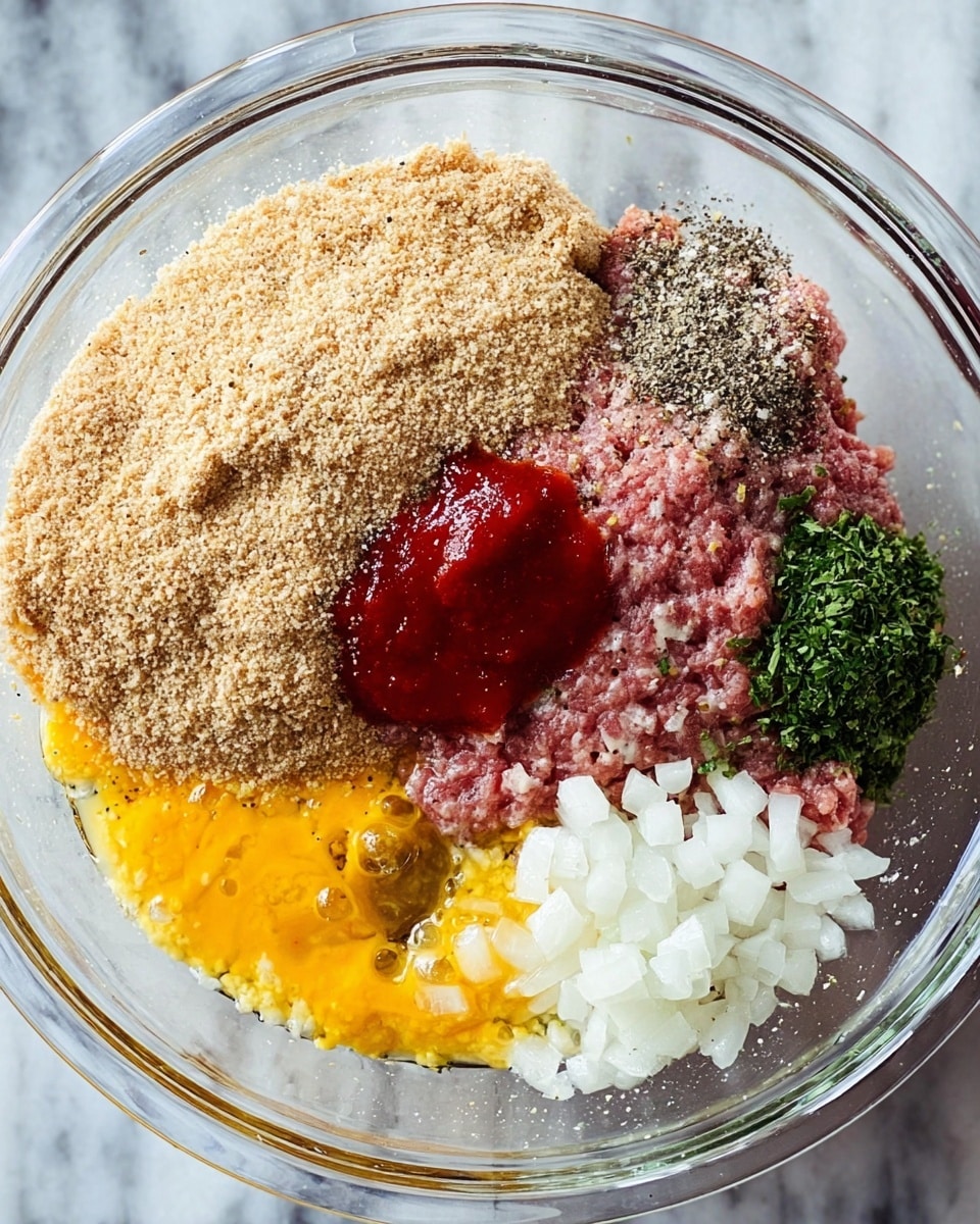 This image shows a clear glass bowl on a white marbled surface with various ingredients arranged inside but not mixed. There is a thick layer of light brown bread crumbs covering almost half of the bowl on the left. Below that, there is a layer of raw ground meat with a pinkish red color. On the bottom front, there is a layer of beaten egg with a bright yellow color and bubbly texture. To the right of the meat, there are small piles of white chopped onions, bright red ketchup, and green herbs stacked close together. Above the meat and herbs, there is a sprinkle of light tan garlic powder and black pepper evenly spread. Photo taken with an iphone --ar 4:5 --v 7