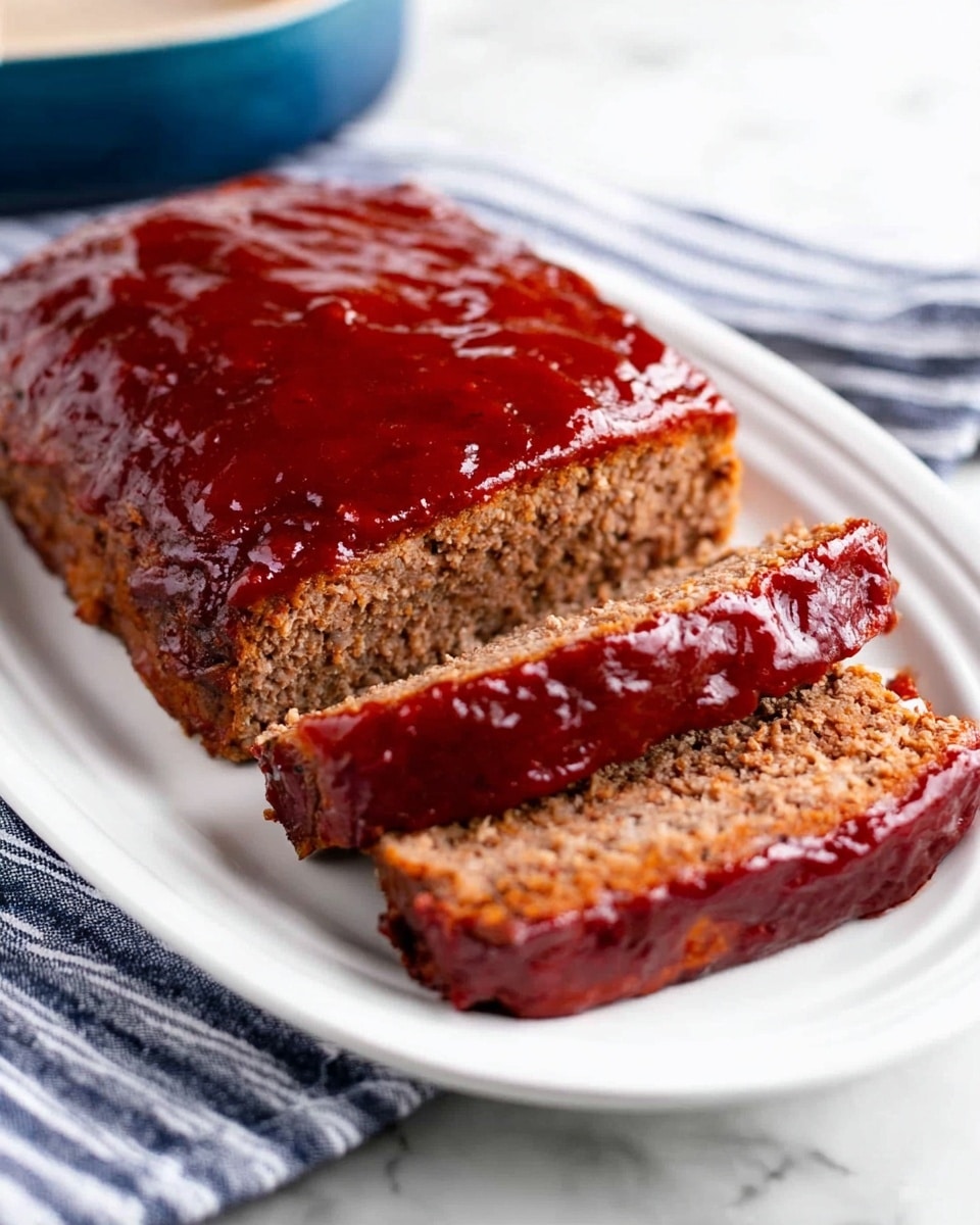 The image shows a meatloaf placed on a white oval plate sitting on a white marbled surface. The meatloaf is covered with a shiny, thick reddish-brown sauce on top. Three slices are cut from the meatloaf, showing the inside which is a coarse, brown texture of cooked meat. The slices are leaning slightly against the remaining larger piece. A blue bowl and a folded cloth with blue stripes are blurred in the background. Photo taken with an iphone --ar 4:5 --v 7