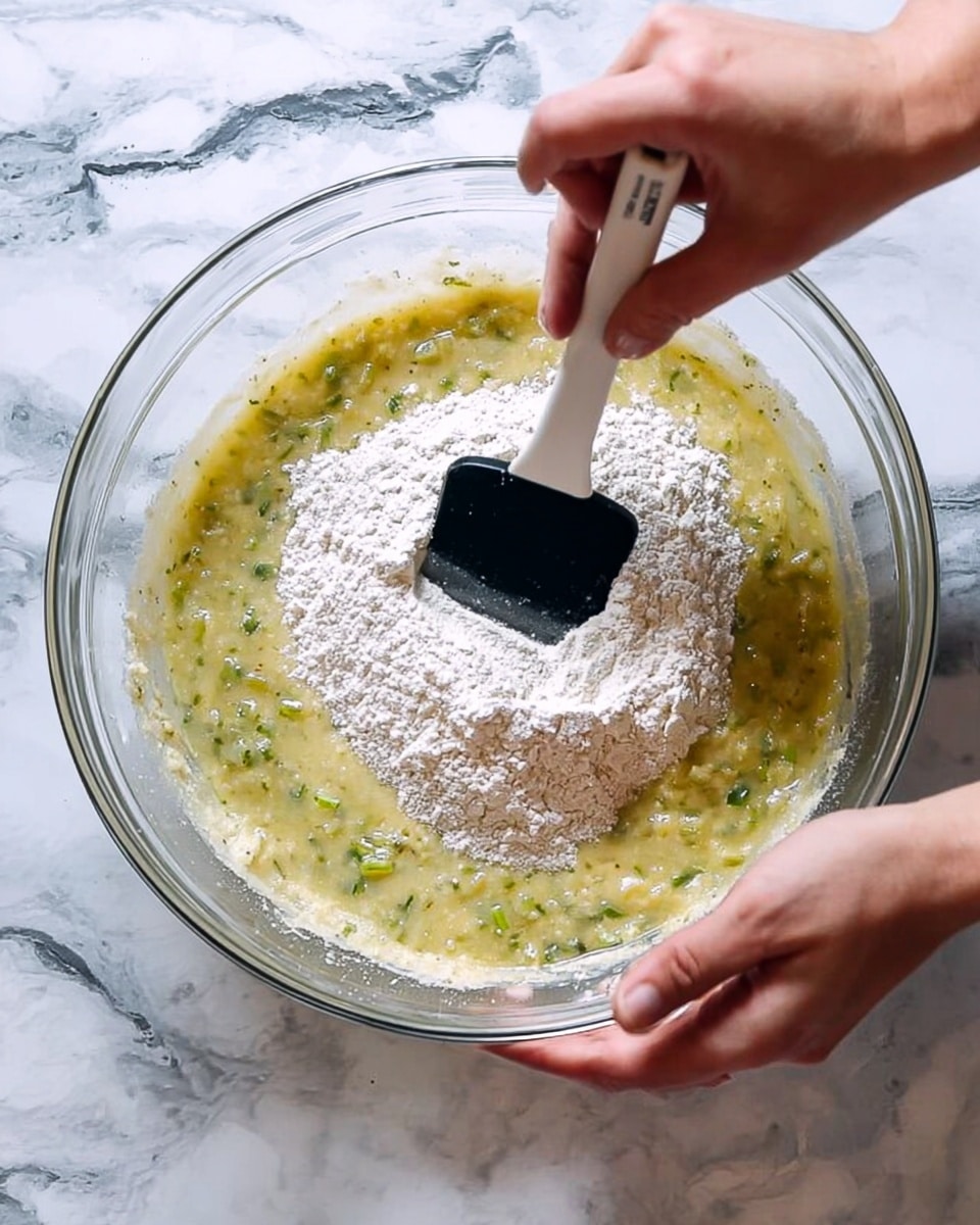A clear glass bowl sits on a white marbled surface filled with a mixture of yellowish-green wet ingredients with visible small green bits. On top of this mixture is a mound of white flour sprinkled evenly. A woman's hand holds the bowl steady on the right side while another woman's hand stirs the ingredients using a black and white spatula in the center. The texture shows a mix of liquid and powder ready to be combined. photo taken with an iphone --ar 4:5 --v 7