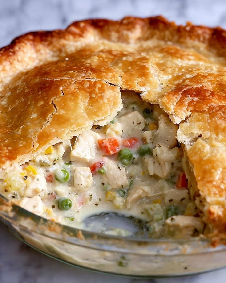The image shows a clear glass pie dish with a golden brown, flaky crust that is slightly cracked where a slice has been removed. Inside the dish is a creamy mixture filled with chunks of white chicken, small green peas, diced orange carrots, and bits of celery in a thick white sauce with herbs. The crust looks crisp and slightly puffed, covering the filling evenly with some crust edges lifted. The dish is set on a white marbled surface. photo taken with an iphone --ar 4:5 --v 7