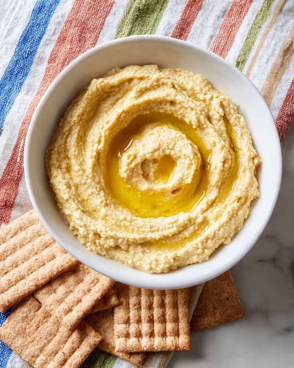 A white bowl filled with creamy hummus that is pale yellow with a rough texture, swirled on top forming a small well in the center holding a pool of golden olive oil. Surrounding the bowl are five square wheat crackers with a light brown color and a grid pattern on top, placed on a white marbled surface covered partly by a striped cloth with red, blue, green, and beige lines. Photo taken with an iphone --ar 4:5 --v 7