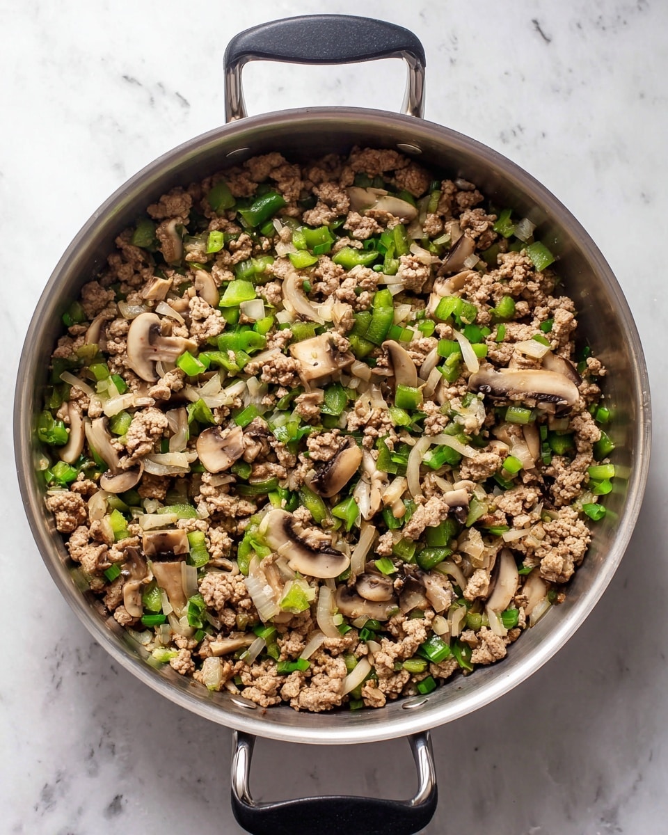 A top view of a silver pan with black handles filled with cooked ground meat mixed with small pieces of green bell pepper, sliced light brown mushrooms, and finely chopped white onions, all evenly distributed in the pan. The surface underneath is white marbled texture. photo taken with an iphone --ar 4:5 --v 7