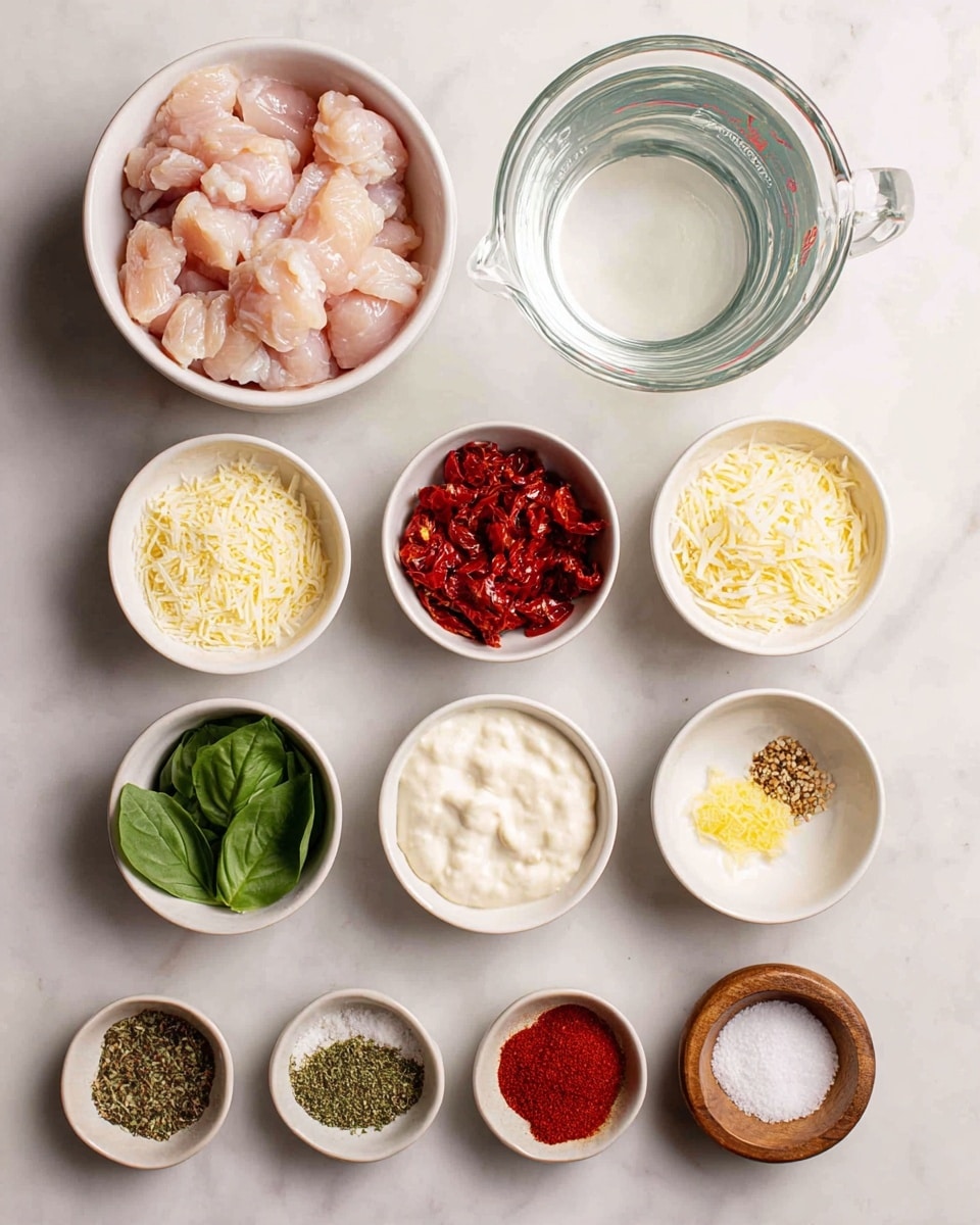 The image shows twelve small white bowls and one clear measuring cup arranged neatly on a white marbled surface. The top left bowl is filled with pale pink raw chicken pieces, while directly to its right is the clear measuring cup with water. Below the chicken are small white bowls with bright red dried tomatoes, finely shredded pale yellow cheese, smooth white cream, fresh green basil leaves, tiny chopped yellow garlic, and white flour. At the bottom, smaller dishes hold various spices: green dried herbs, bright red powdered spice, dark reddish-brown star-shaped spice, coarse black pepper, and white salt in a small wooden bowl. The layout is clean and organized, showing all ingredients clearly. photo taken with an iphone --ar 4:5 --v 7