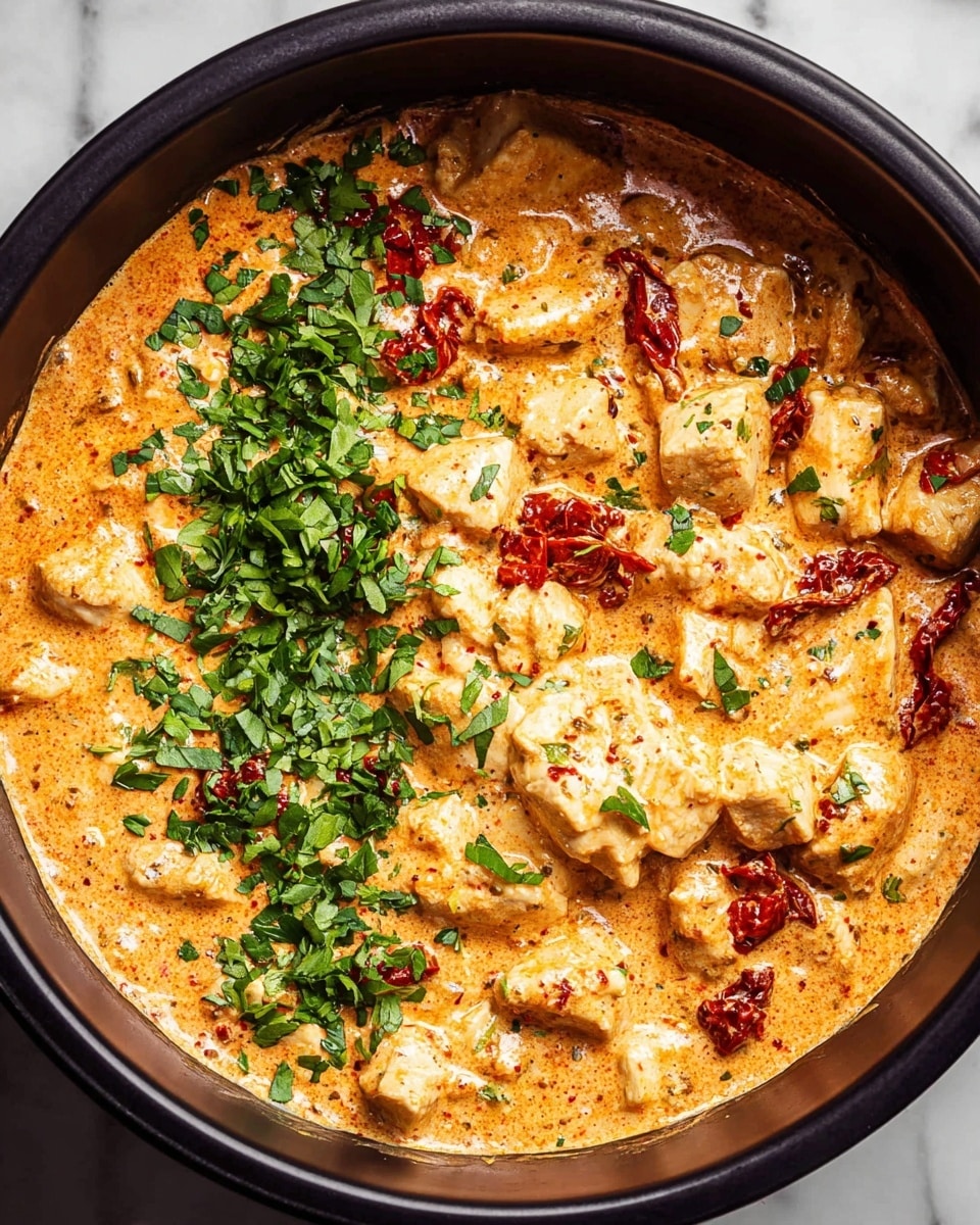 The dish is shown in a black pot with a thick orange creamy sauce covering chunks of white chicken pieces mixed with bits of red sun-dried tomatoes. On top, there is a layer of roughly chopped fresh green herbs scattered over the left half, adding a bright contrast to the rich sauce. The sauce has a smooth yet slightly textured look with visible spices and herbs within it. The pot is set on a white marbled surface, and the image is captured from above, showing the entire dish clearly. photo taken with an iphone --ar 4:5 --v 7
