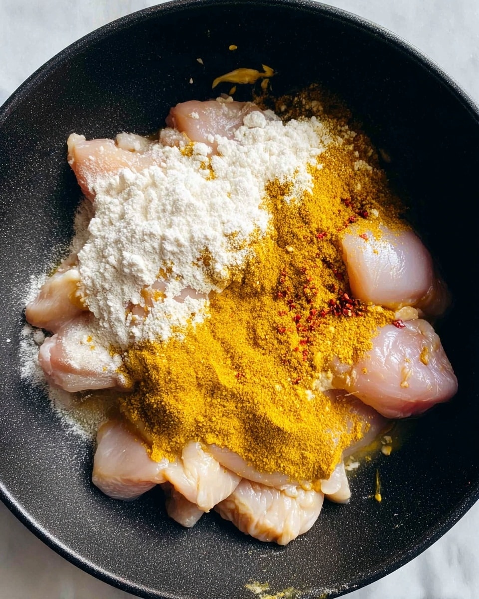 Inside a black pan, there are several pieces of raw light pink chicken placed at the bottom layer. On top of the chicken, there is a layer of white flour sprinkled unevenly, mainly covering the upper half of the pieces. Over the flour, a bright yellow spice powder is spread mostly on the right side, with a few small bits scattered around. The background is a white marbled texture. Photo taken with an iphone --ar 4:5 --v 7