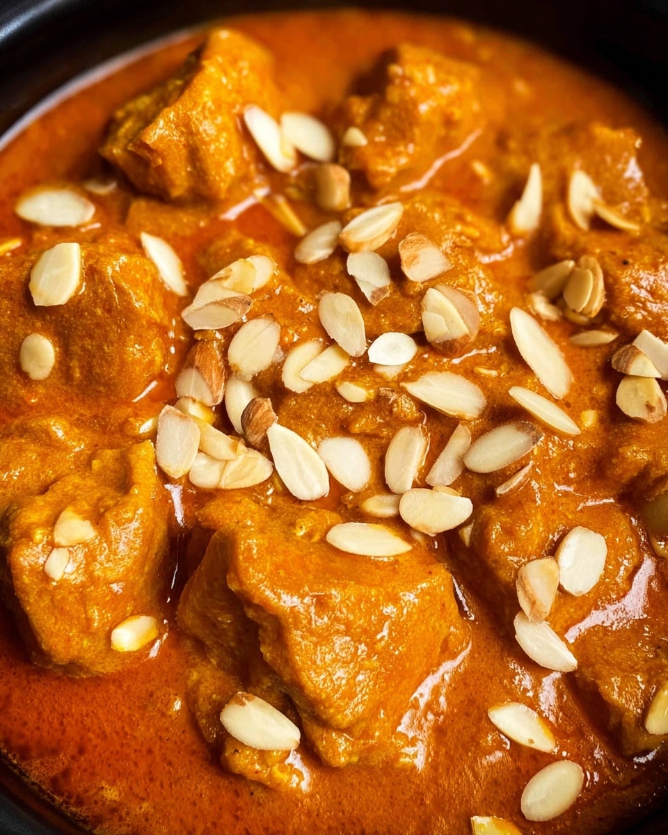 This image shows a close-up of a rich orange sauce with multiple pieces of tender meat coated in it, each piece thick and coated in the sauce’s smooth, slightly textured surface. On top, there is a scatter of thin, oval almond slices that add light cream and beige tones contrasting with the deep orange sauce. The dish is presented in a black pot, and the photo is taken from above, focusing closely on the sauce and meat without any other elements visible. The texture of the sauce looks thick but smooth with a glossy finish. Photo taken with an iphone --ar 4:5 --v 7