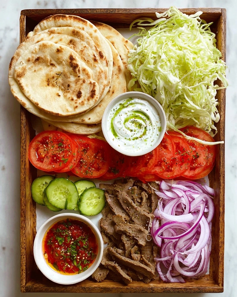 A wooden tray holds an arranged meal with five layers: at the top left, four round, slightly browned flatbreads stacked and folded; next to it on the right, a pile of thinly shredded pale green cabbage; in the center, a small white bowl filled with creamy white sauce swirled with green seasoning; below the cabbage and sauce, a row of thin red tomato slices with black pepper sprinkled on top; to the left of the tomatoes, bright green cucumber slices with some herbs sprinkled; at the bottom left, a small white bowl of red sauce garnished with green herbs; beside it, thin slices of purple onion; and on the right bottom half, folded thin slices of brown cooked meat. All items rest on a white marbled surface photo taken with an iphone --ar 4:5 --v 7