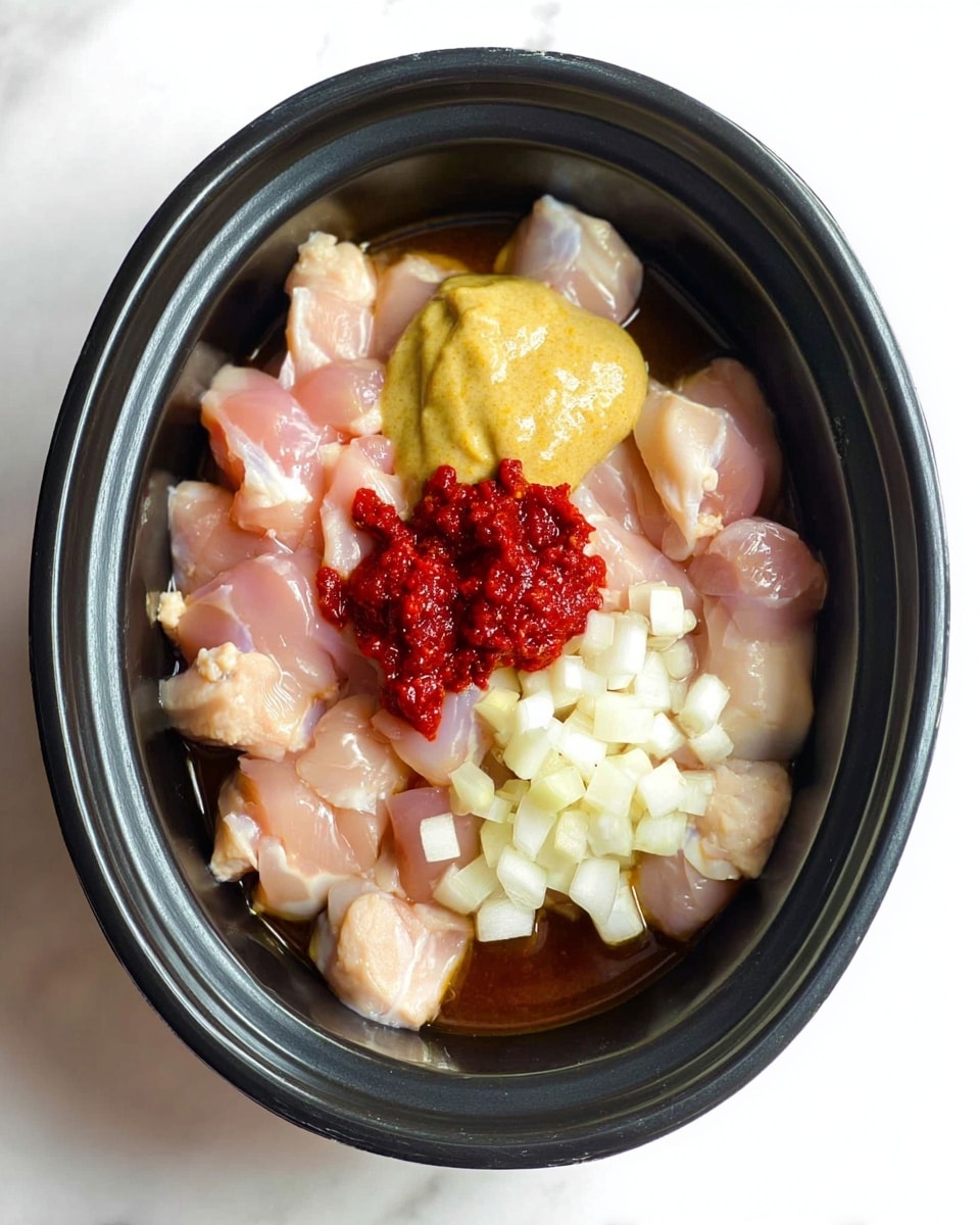 In a black oval cooking pot, there are several pieces of pale pink raw chicken arranged in the bottom and sides. On top of the chicken, there are two dollops of thick sauces: one is light yellow and creamy, and the other is bright red and slightly textured. Around the sauces, there are roughly chopped white onions placed in small clusters. The mixture is all sitting in a thin dark brown liquid at the base of the pot. The pot is set on a white marbled surface photo taken with an iphone --ar 4:5 --v 7