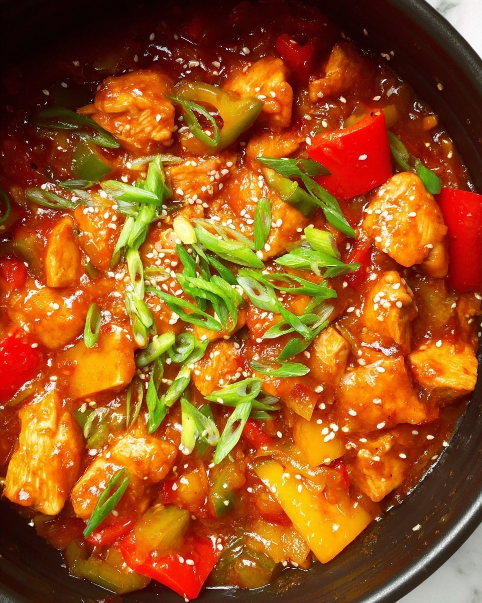 The image shows a close-up of cooked chicken pieces in an orange-brown sauce with chunks of red and yellow bell peppers mixed inside. The sauce looks thick and shiny, covering the chicken and peppers. On top, there are small white sesame seeds scattered evenly, and bright green sliced spring onions are spread over the dish adding a fresh touch. The food is in a black pot, with no other items or background visible except a white marbled surface. The colors are warm and inviting, with a mix of red, orange, yellow, green, and white elements creating a rich, layered look. photo taken with an iphone --ar 4:5 --v 7