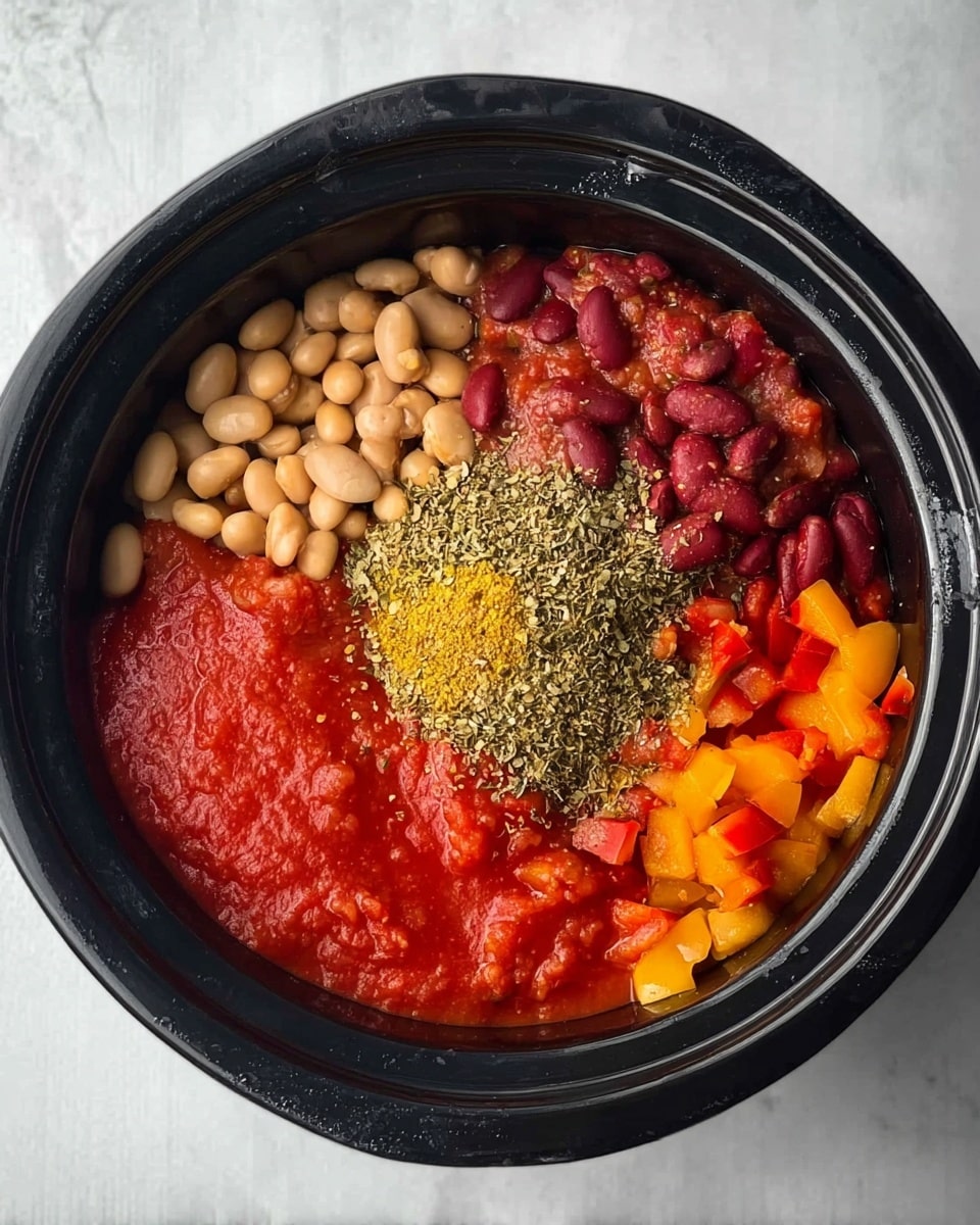 A black slow cooker bowl sits on a white marbled surface, filled with four distinct sections of ingredients. The first section at the top left contains mixed beans in shades of pale beige and dark red. To the right, there is a chunky bright red tomato mixture with visible small tomato pieces. The bottom left has a smooth, deep red tomato sauce that contrasts with the chunkier tomato mixture nearby. The bottom right section holds chopped bright orange bell peppers in small pieces. In the center of all these sections is a heap of mixed dried herbs and spices in green, yellow, and light brown tones, creating a textured mound covering parts of the ingredients. Photo taken with an iphone --ar 4:5 --v 7