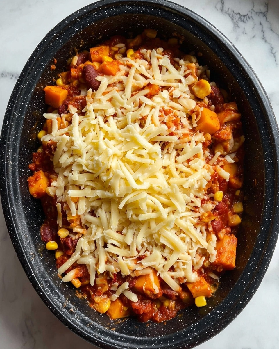 A black oval dish on a white marbled surface holds a colorful cooked stew with several layers visible from the top. The bottom layer is a rich red tomato sauce mixed with small pieces of orange squash or sweet potato and brown beans. Scattered throughout this base are bright yellow corn kernels adding pops of color. On top of this, there is a generous layer of shredded pale yellow cheese spread unevenly, partially covering the ingredients beneath. The texture looks soft and chunky with the cheese adding a slightly stringy and melty appearance. Photo taken with an iphone --ar 4:5 --v 7