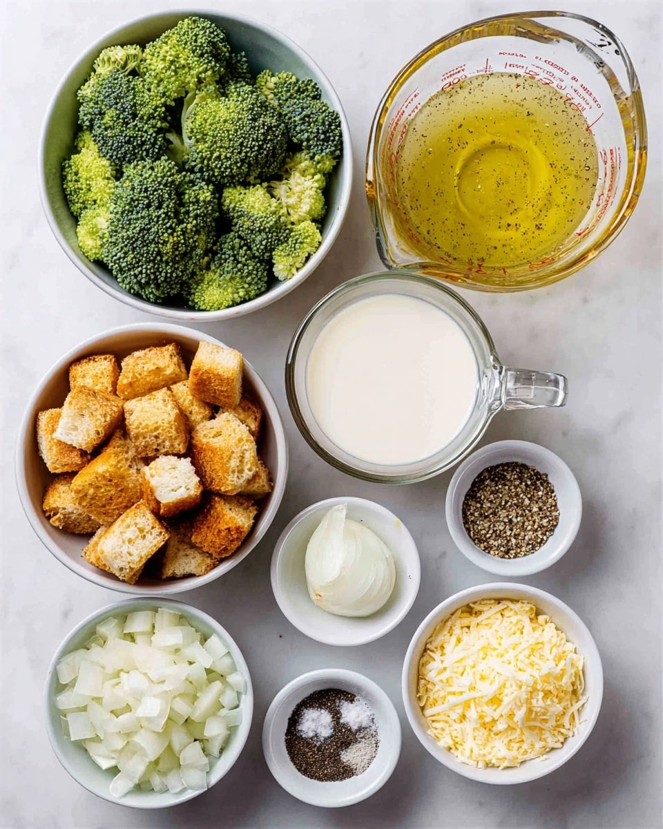 A top-down view of eight small white bowls and a clear glass measuring cup on a white marbled surface, each bowl holding a different ingredient. Starting from the top left, one bowl is filled with bright green broccoli pieces with rough textures. To its right, the glass measuring cup contains light yellow broth with scattered black pepper bits. Below the broccoli, a glass bowl holds a smooth, creamy white liquid. Centrally placed is a bowl filled with golden-brown crispy crouton cubes. To the right of the croutons, two small bowls hold coarse white salt and mixed black and white peppercorns. Below the glass bowl, another white bowl contains diced white onions with soft edges. Just right of the onions, a bowl has yellowish crumbled cheese with an uneven texture. On the bottom right, a small white bowl holds minced light yellow garlic. photo taken with an iphone --ar 4:5 --v 7