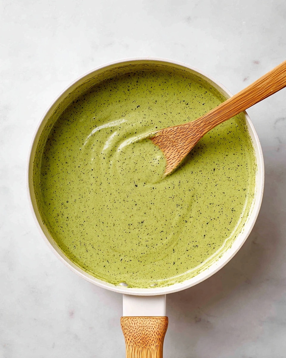 A white pan filled with a smooth, thick green sauce with a slightly speckled texture, showing tiny dark green and black bits spread evenly throughout. The sauce covers the entire pan surface, and a wooden spoon with a simple, triangular head is placed inside, partially submerged on the right side. The pan has a white handle with a wood-like texture, and the scene is set on a white marbled surface. photo taken with an iphone --ar 4:5 --v 7