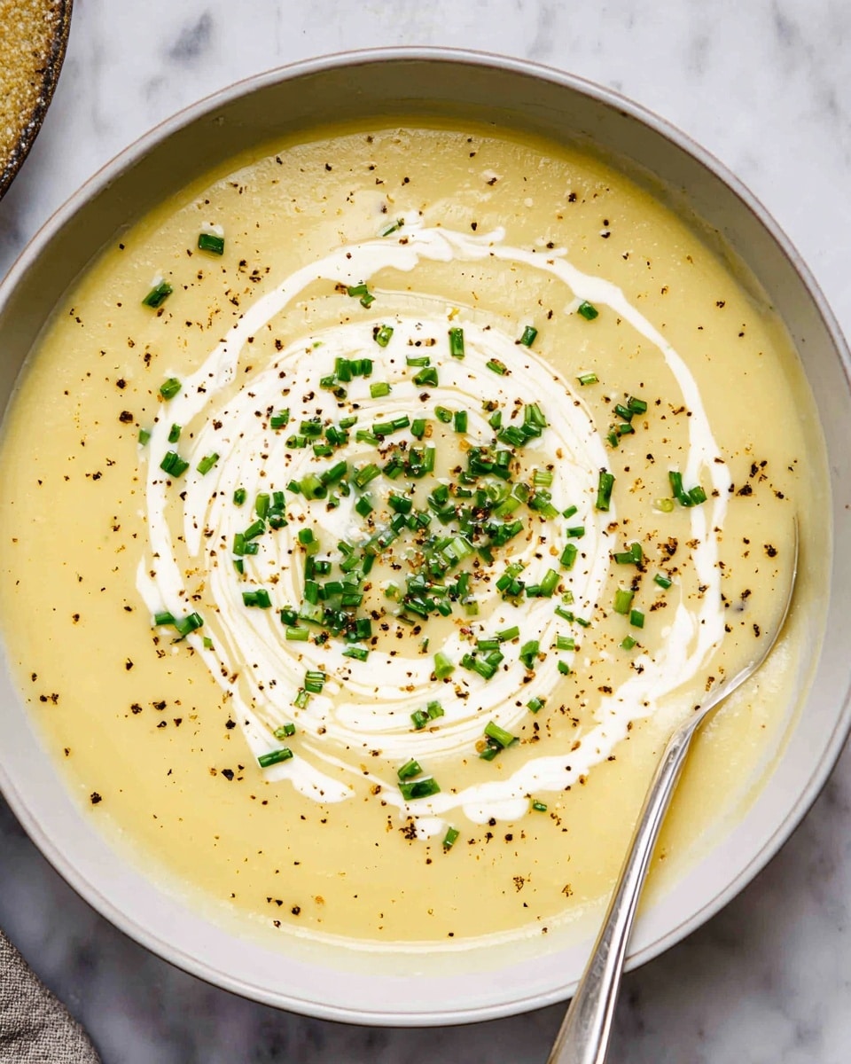 The image shows a bowl of creamy pale yellow soup as the base layer, smooth in texture and filling most of a white bowl. On top of the soup, a thick swirl of white cream is spread in a spiral shape starting from the center and moving outward. Small chopped green chives are sprinkled mainly over the cream in the middle for a touch of bright green color. The soup is also topped with cracks of dark black pepper scattered evenly across the cream and yellow soup. A silver spoon is resting on the right edge of the bowl, partially in the soup. The bowl sits on a white marbled surface. Photo taken with an iphone --ar 4:5 --v 7