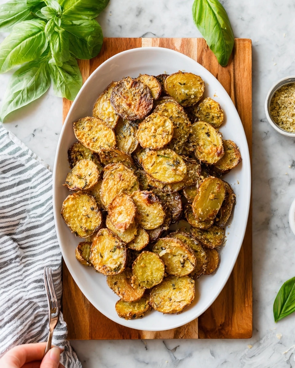 A white oval plate holds one layer of roasted potato slices that are golden brown with crispy edges, sprinkled with visible bits of garlic and herbs. The potatoes have a slightly rough texture with a mix of darker and lighter brown spots, showing they are well cooked and seasoned. The plate sits on a wooden board placed on a white marbled surface, next to fresh green basil leaves and a striped cloth napkin. A woman's hand is reaching with a fork in the upper left corner near the plate. Photo taken with an iphone --ar 4:5 --v 7