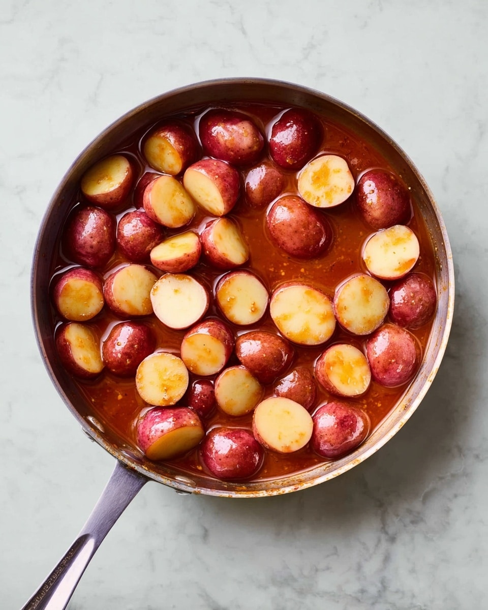 A large silver pan filled with many small red potatoes cut into halves and quarters, soaking in a reddish-brown sauce that looks thick and smooth. The potatoes' skin is shiny, and their pale yellow inside contrasts with the rich sauce below. The pan sits on a white marbled surface, and the metal handle extends out to the side, reflecting some light. photo taken with an iphone --ar 4:5 --v 7