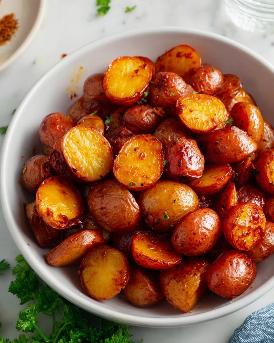 A white bowl filled with cooked baby potatoes, each cut in half showing a golden to deep orange interior with a shiny, slightly oily surface. The outside of the potatoes is a darker reddish-brown, indicating they are roasted or fried, with some pieces having light char spots. The bowl is placed on a white marbled surface with scattered green parsley leaves visible at the bottom left corner and part of a glass and small white dish at the top left of the image. photo taken with an iphone --ar 4:5 --v 7