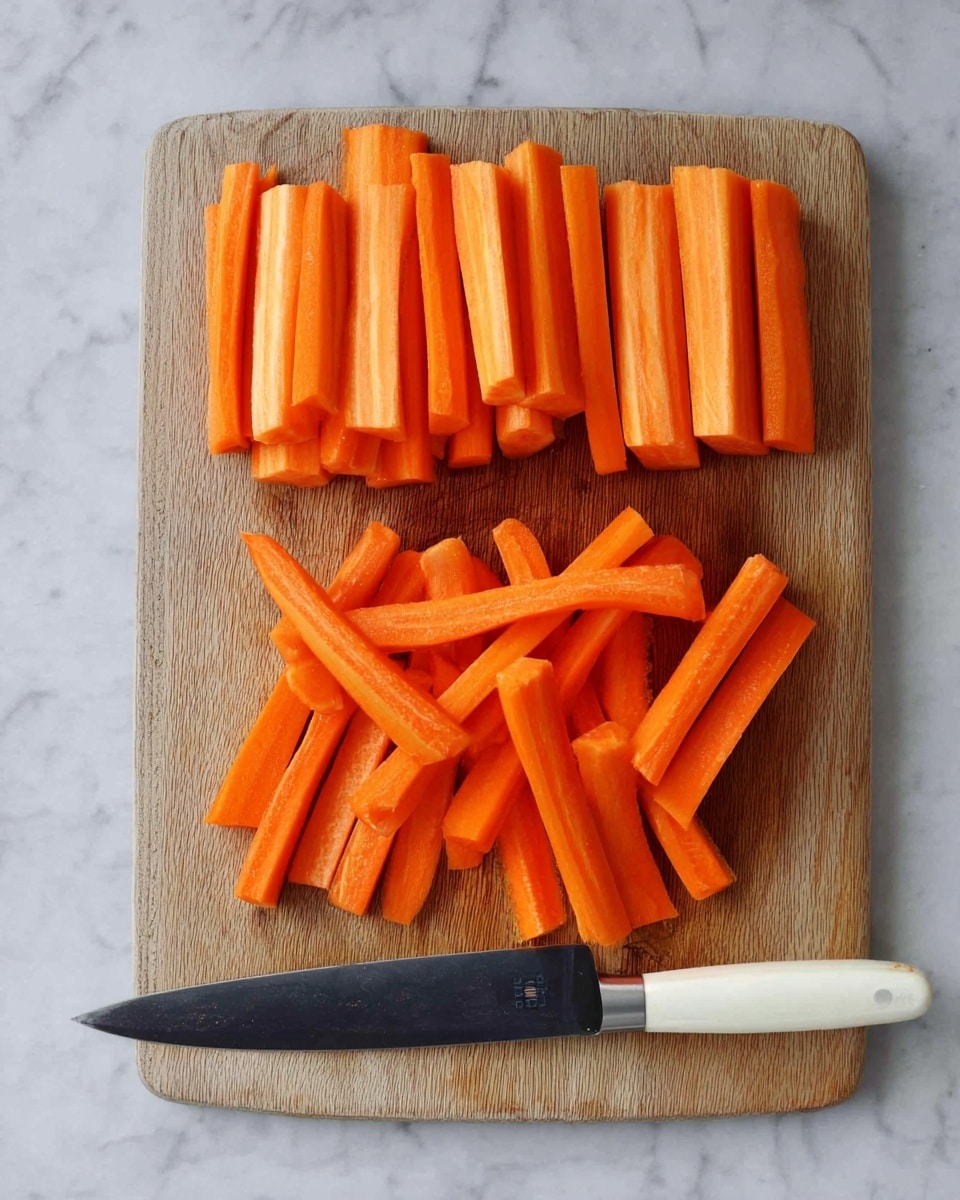 A wooden cutting board holds two groups of carrot sticks arranged in neat rows, with the top group having thicker, slightly shorter pieces, and the bottom group showing thinner, longer carrot sticks. The carrots are bright orange with a smooth, fresh texture. A knife with a white handle and a dark blade lies horizontally at the bottom edge of the cutting board. The scene is set on a white marbled surface. Photo taken with an iphone --ar 4:5 --v 7