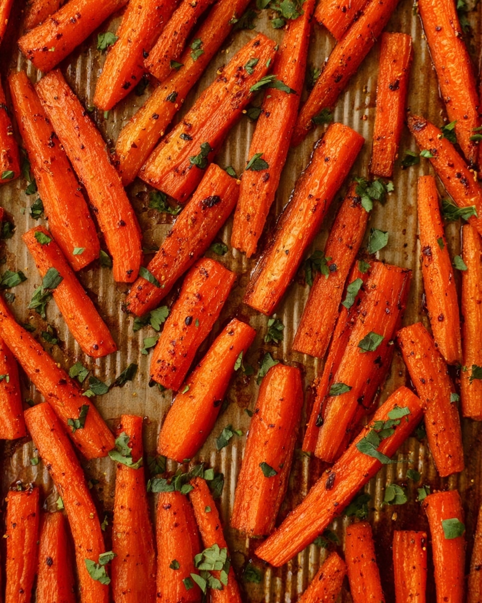 The image shows many roasted carrot sticks spread out on a baking sheet with a ridged texture. The carrots are bright orange with a slightly browned, roasted surface showing some crispy edges and seasoning specks. Small green herb pieces are sprinkled evenly over the carrots, adding a fresh color contrast. The baking sheet has a brownish paper or liner beneath the carrots. photo taken with an iphone --ar 4:5 --v 7