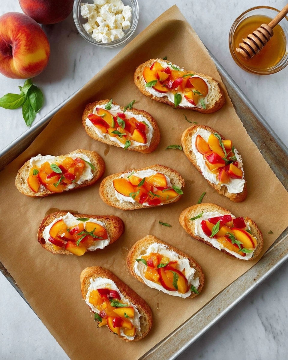 The image shows nine pieces of toasted bread slices arranged on brown parchment paper on a metal baking tray. Each slice has three layers: a golden-brown crusty bread base, a thick creamy white spread on top, and small bright orange and red peach pieces scattered over the spread. Thin green basil strips are sprinkled over the peaches. To the upper left of the tray, there is a whole peach with a mix of orange and red colors. To the upper right, there is a small white bowl with a honey dipper resting in honey and a glass bowl with white cheese curds. The surface underneath the tray is a white marbled texture. Photo taken with an iphone --ar 4:5 --v 7