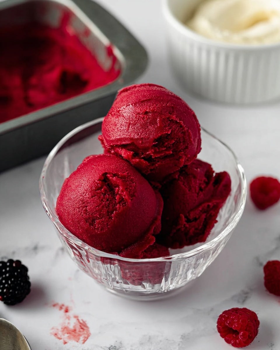 A clear glass bowl holds three bright red scoops of berry sorbet with a smooth but slightly rough texture, stacked closely together. The bowl sits on a white marbled surface with scattered raspberries and a blackberry nearby. In the background, there is a metal loaf pan with leftover sorbet and a white bowl containing a creamy white substance. The scene looks fresh and colorful with a focus on the chilled berry sorbet. photo taken with an iphone --ar 4:5 --v 7