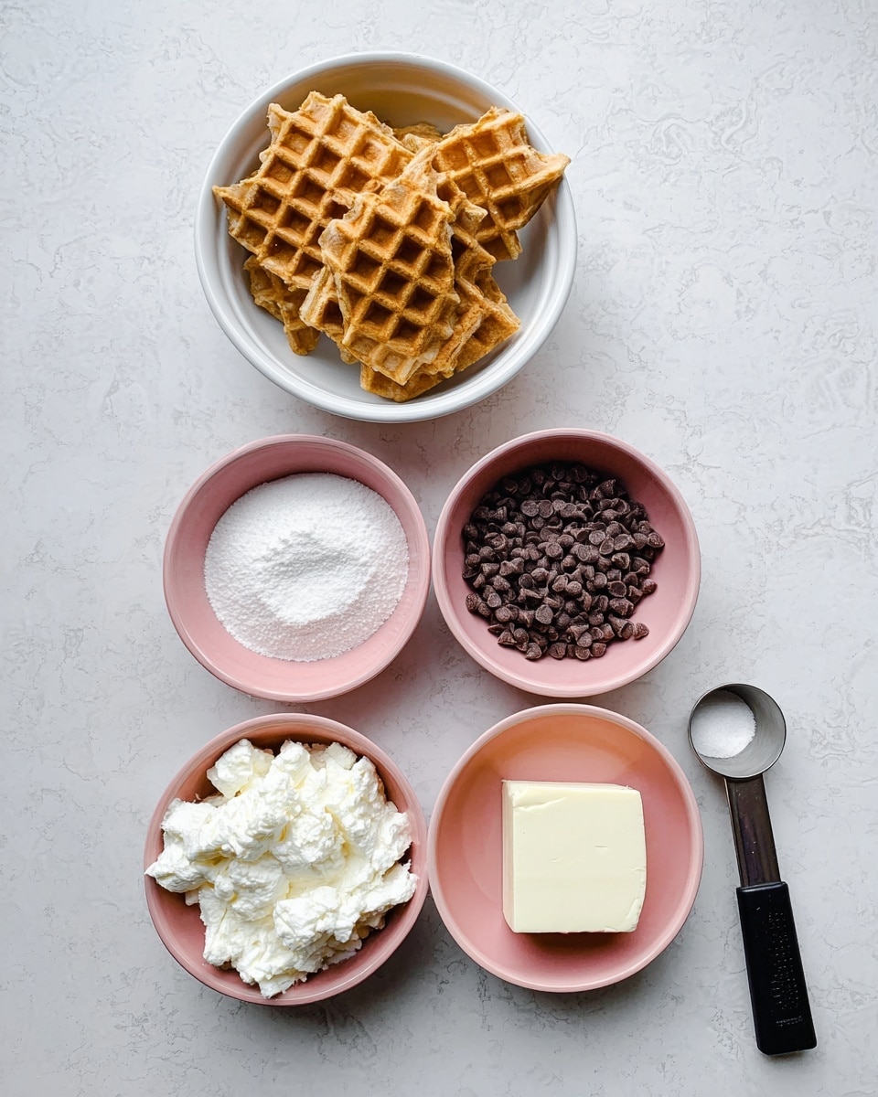 Five white and pink bowls are set on a white marbled surface. The top white bowl holds several golden brown broken waffle pieces with a grid pattern. Below it, four pink bowls are arranged in a square: the left one has tiny dark brown chocolate chips, the right one is filled with fine white powdered sugar, the bottom left contains white creamy soft cheese with a slightly rough texture, and the bottom right holds a solid block of light cream cheese. A black measuring spoon lies flat near the pink bowl on the bottom right. Photo taken with an iphone --ar 4:5 --v 7