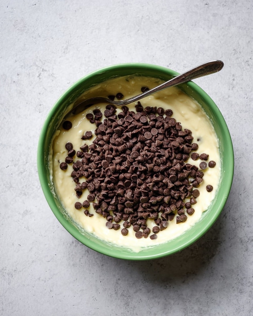 A bright green bowl filled with a creamy, pale yellow batter layered thickly and topped with a large pile of small, dark brown chocolate chips spread across the center. A metal spoon is partially dipped into the batter on the left side of the bowl, resting against the inner edge. The bowl is placed on a white marbled surface that subtly contrasts with the bowl and its contents, creating a clean and simple kitchen setting. photo taken with an iphone --ar 4:5 --v 7