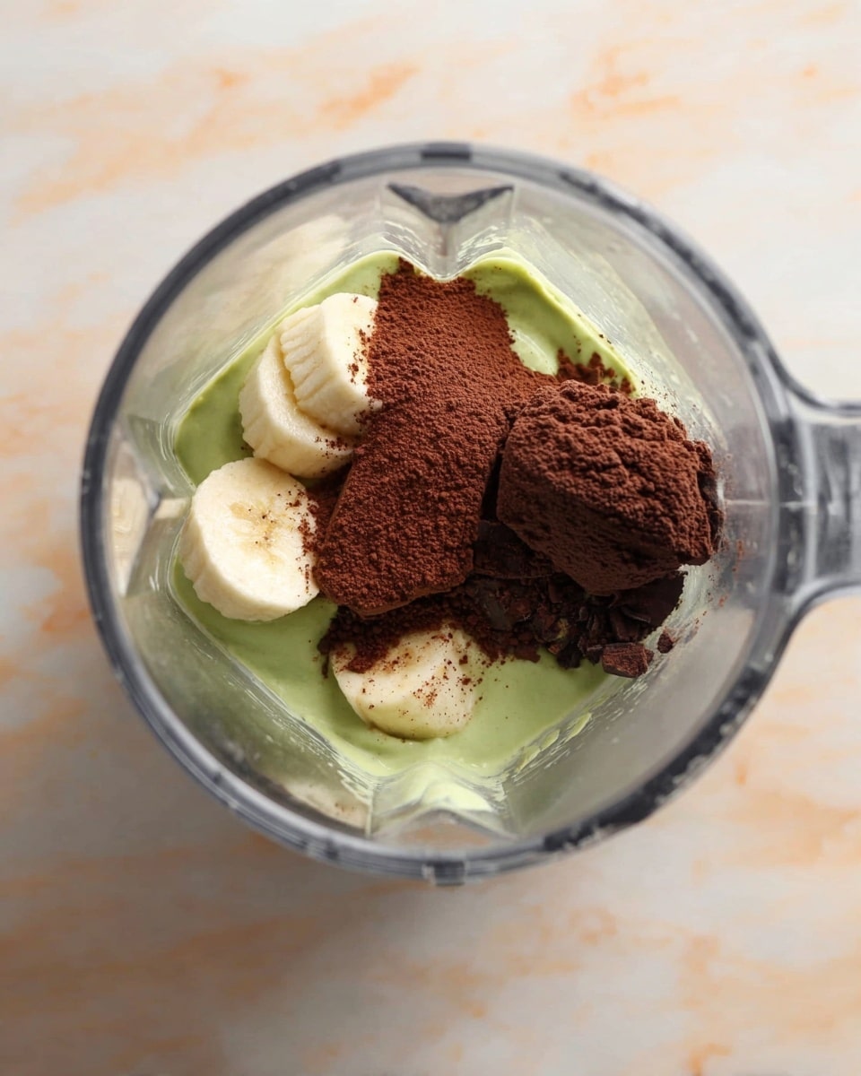 Inside a clear blender jar, there are three layers of ingredients seen from above. The bottom layer is a green creamy mixture, roughly spread around the base. On top of this, to one side, there are three round slices of pale yellow banana. Next to the banana, on the right side, there is a thick layer of dark brown cocoa powder, slightly piled up. The blender sits on a white marbled surface, showing smooth and clean texture around it. photo taken with an iphone --ar 4:5 --v 7