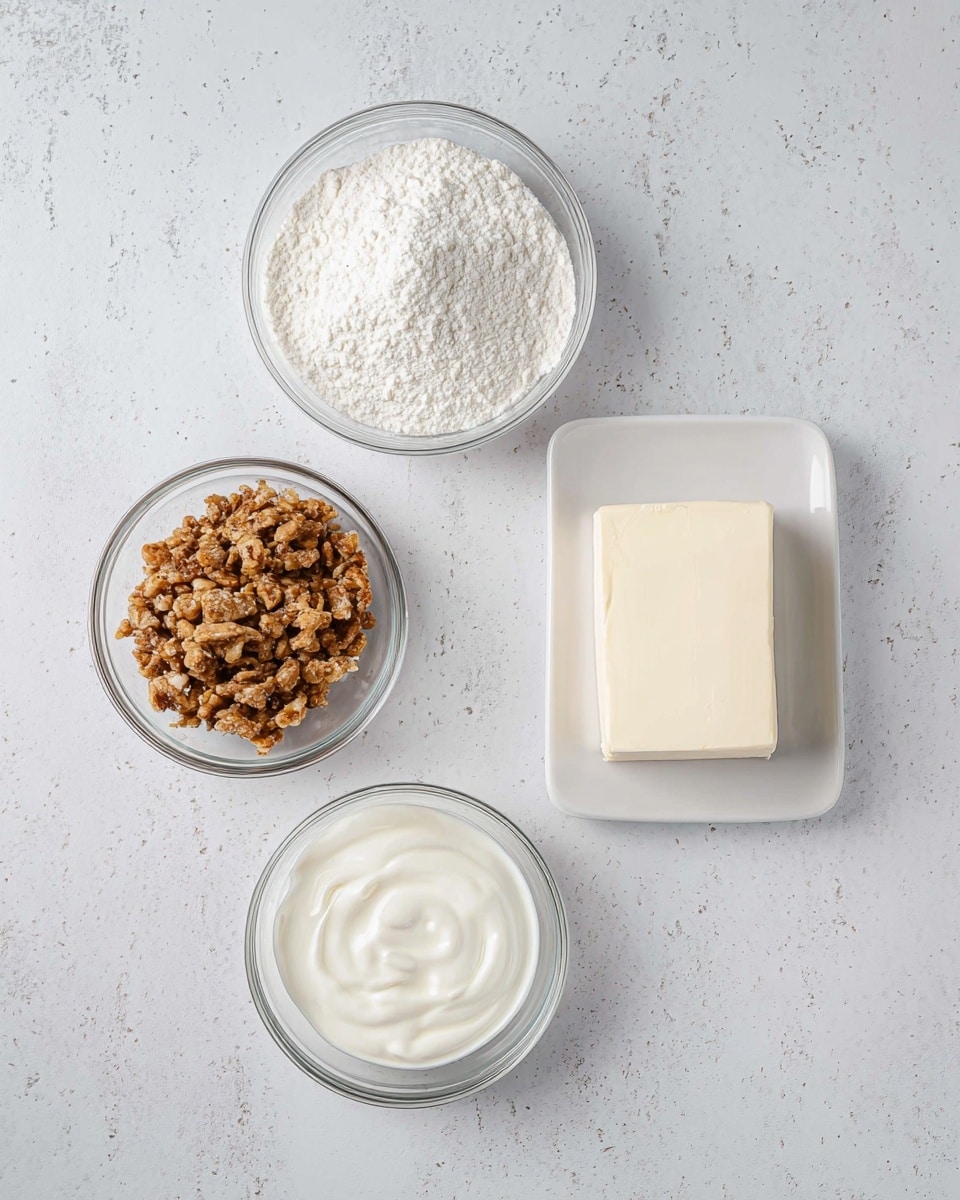 The image shows four separate containers with different ingredients placed on a white marbled surface. At the top, there is a glass bowl filled with white powder, which looks like flour or powdered sugar. On the right side, there is a block of cream cheese or butter resting on a small white rectangular plate. Below the block, there is a round glass bowl containing smooth white cream or yogurt. On the left side, another glass bowl is filled with small, crunchy brown pieces that look like chopped nuts or a crumble topping. Photo taken with an iphone --ar 4:5 --v 7
