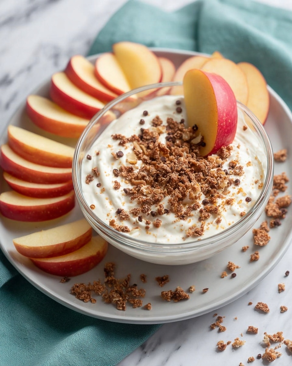A clear round bowl filled with a creamy white dip topped with small brown chocolate and nut crumbles, with one red and yellow apple slice dipped into it sticking out from the side. The bowl is placed on a white plate surrounded by neatly arranged red and yellow apple slices. The setup sits on a white marbled surface with some of the crumbles scattered around, and a teal cloth partially visible under the plate. Photo taken with an iphone --ar 4:5 --v 7