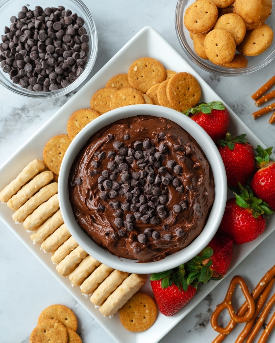 The image shows a white bowl filled with thick, dark brown chocolate dip topped with small chocolate chips. The bowl is placed on a white square plate with organized layers around it: light brown rectangular crackers arranged vertically to the left, fresh bright red strawberries with green leaves to the top right, round golden cookies at the bottom left, and small twisted pretzels along the bottom right edge. Above, there are two clear bowls, one with tiny dark chocolate chips and the other with more golden round cookies, all on a white marbled surface. Photo taken with an iphone --ar 4:5 --v 7