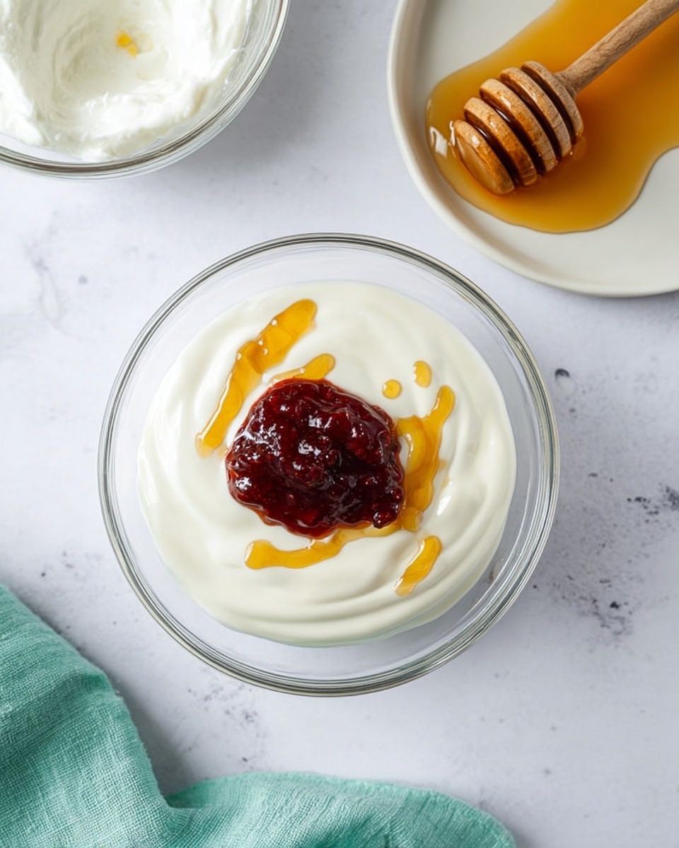 A clear glass bowl holds three layers: the bottom and main layer is smooth white yogurt, topped with a drizzle of golden honey in a loose zigzag, and a thick dollop of dark red jam placed in the center, creating a contrast of colors and textures. To the top right is a white plate with some honey and a wooden honey dipper resting on it. To the top left, there is another clear bowl with some leftover yogurt and a white marbled background underneath all items. A light teal cloth peeks in from the bottom left corner. Photo taken with an iphone --ar 4:5 --v 7
