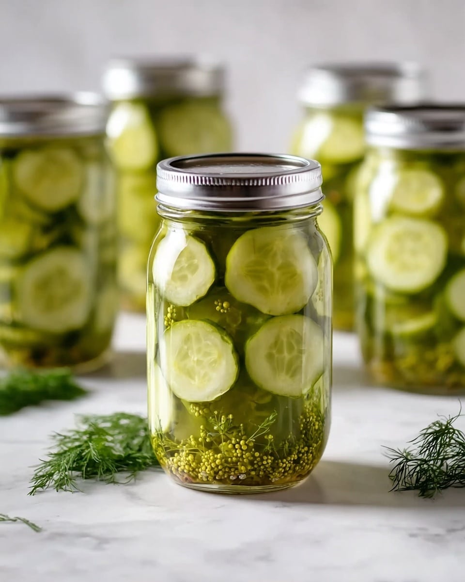 A clear glass jar with a silver lid filled with several layers of round, green pickle slices floating in a light green brine. Inside the jar, there are visible small dill flowers and seeds at the bottom, adding texture and contrast to the slices. In the background, there are four more similar jars blurred out on a white marbled surface, along with some sprigs of fresh dill. The lighting is soft, showcasing the transparency and freshness of the pickles. Photo taken with an iphone --ar 4:5 --v 7