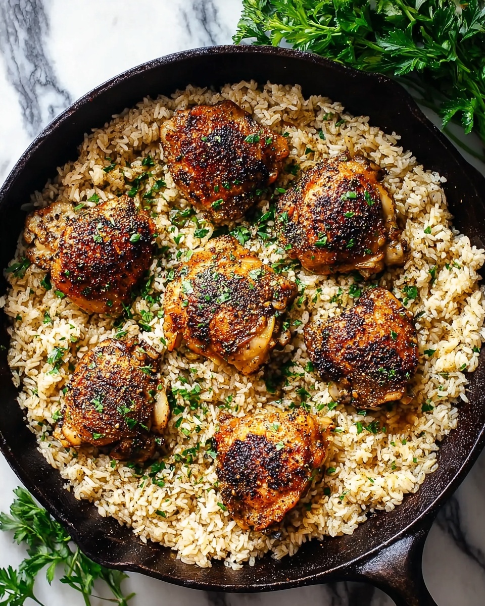 A black cast iron pan filled with a single layer of cooked brown rice that is light tan and fluffy, covering the entire base. On top, there are seven pieces of crispy, golden-brown chicken thighs arranged evenly across the rice, each piece showing browned and slightly charred skin with a textured, seasoned surface. Small green parsley leaves are sprinkled over the chicken and rice, adding a fresh pop of color. The pan is placed on a white marbled surface with some green parsley sprigs nearby. photo taken with an iphone --ar 4:5 --v 7