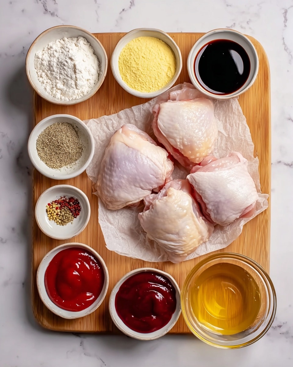 A wooden cutting board sits on a white marbled surface, holding four raw chicken thighs placed on a piece of white parchment paper in the center. Surrounding the chicken are small white bowls filled with different ingredients: white flour on the top left, yellow powdered seasoning top right, dark soy sauce middle left, light vinegar middle right, a small bowl of mixed pepper seasoning on the lower left, golden oil to the right of vinegar, bright red ketchup bottom left, dark red barbecue sauce bottom center, and golden honey bottom right in a small clear bowl. The ingredients are arranged neatly around the chicken pieces, showing a mix of powdery, liquid, and sauce textures. Photo taken with an iphone --ar 4:5 --v 7