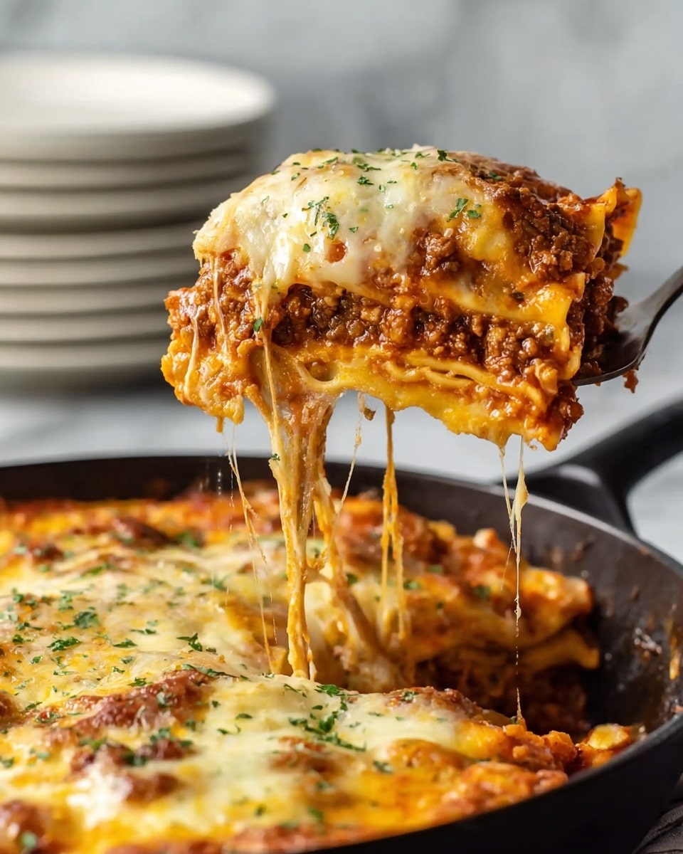 A close-up of a slice of lasagna being lifted from a black pan showing four visible layers: the bottom layer is textured pasta sheets in a light golden color, above it a thick, rich dark brown meat sauce, followed by a bright orange-red sauce with melted cheese mixed in, and topped with a bubbling, golden melted cheese layer sprinkled with small green herbs. The cheese stretches in long strings between the pan and the lifted slice. The background has a soft focus with stacked white plates on a white marbled surface. Photo taken with an iphone --ar 4:5 --v 7