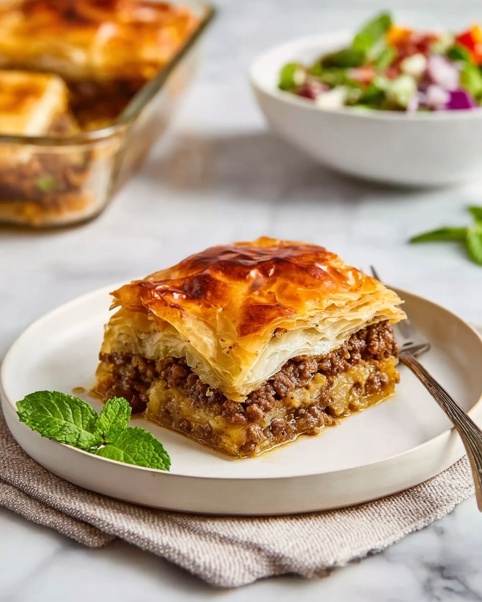 A square piece of layered meat pie sits in the middle of a white round plate, showing three visible layers: a golden-brown flaky top crust with a slightly burnt shine, a middle layer of cooked chopped brown meat, and a bottom layer of light golden flaky pastry. The plate is placed on a beige cloth on a white marbled surface. To the left of the pie piece, there is a small green mint leaf garnish. In the background, blurred, there is a clear glass baking dish with more pie pieces and a white bowl with a colorful salad. A silver fork lies on the right edge of the plate. Photo taken with an iphone --ar 4:5 --v 7