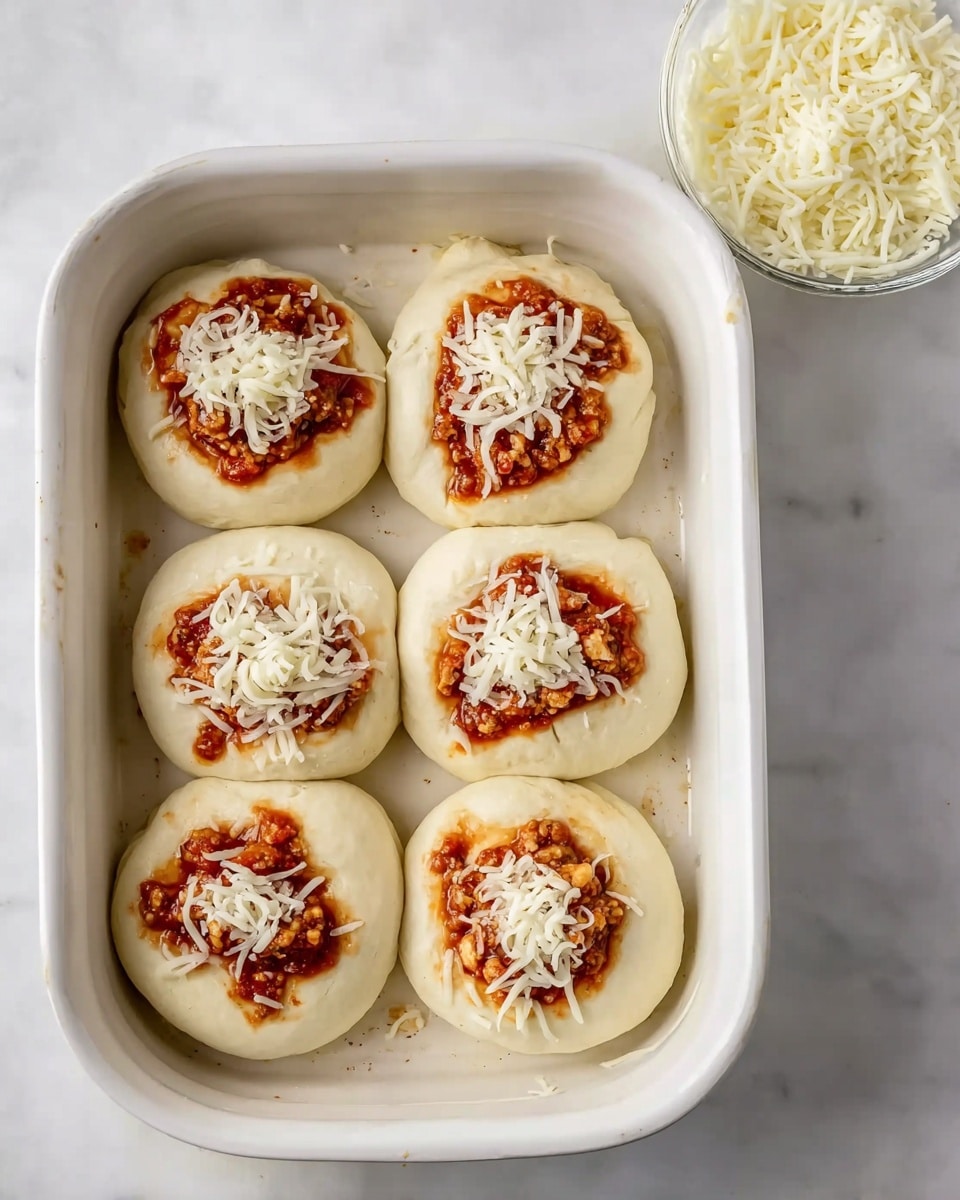 In a white baking dish, there are six round dough pieces arranged in two rows of three. Each dough piece has a small well in the center filled with a chunky reddish-brown meat and tomato mix, topped with a layer of white shredded cheese. The dough is pale and soft looking, with some sauce stains around the edges. To the top right of the baking dish, there is a small white bowl filled with more shredded white cheese. All items are placed on a white marbled surface. Photo taken with an iphone --ar 4:5 --v 7