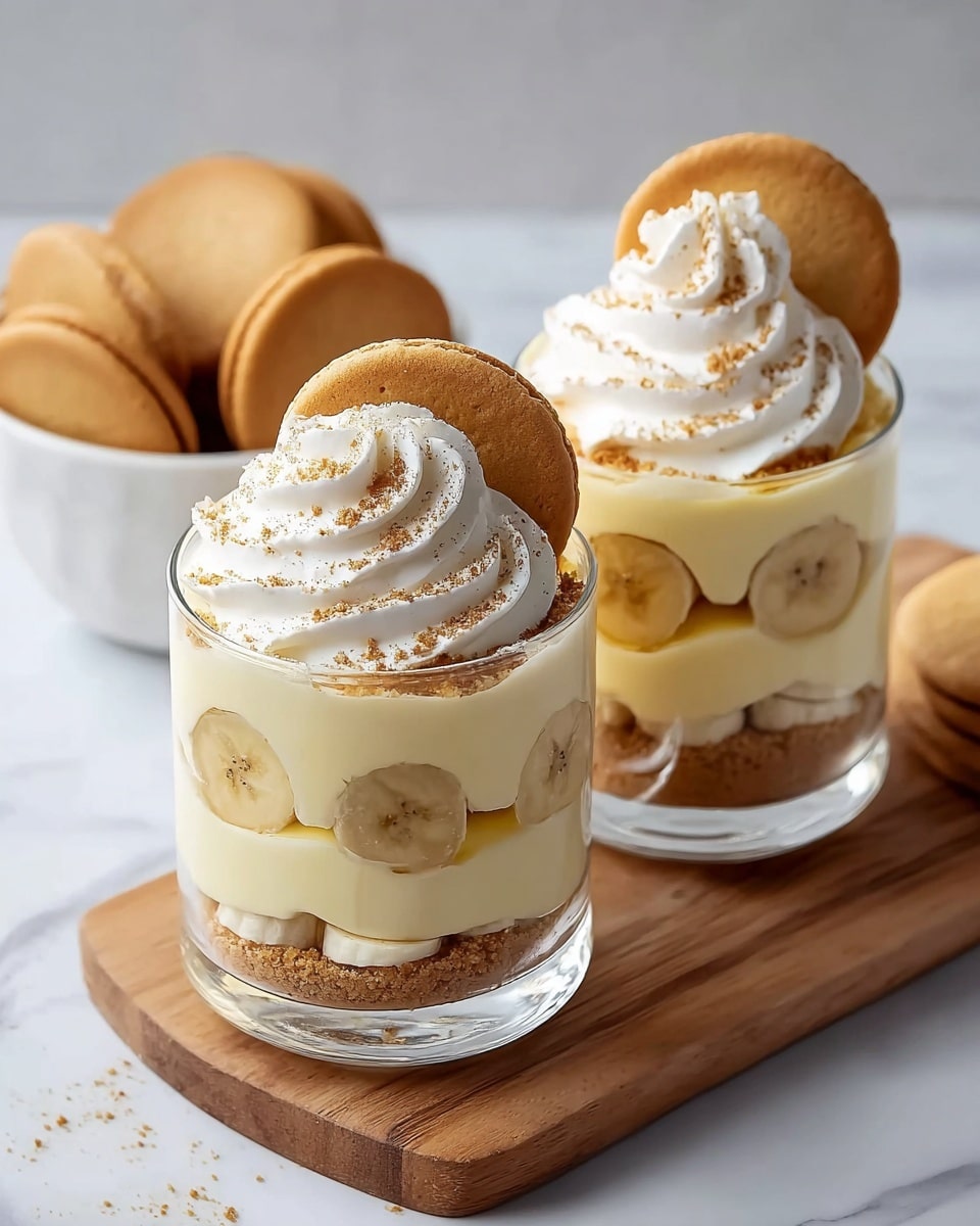 Two clear glass cups sit side by side on a wooden board over a white marbled surface. Each cup shows three layers: a bottom layer of crushed light brown cookie crumbs, a middle layer of pale yellow pudding, and slices of banana arranged vertically between the crumbs and pudding. The top layer is a swirl of white whipped cream sprinkled with light brown crumbs, and a round golden cookie is placed upright at the edge of the whipped cream in each cup. In the background, there is a white bowl filled with similar golden cookies. Photo taken with an iphone --ar 4:5 --v 7