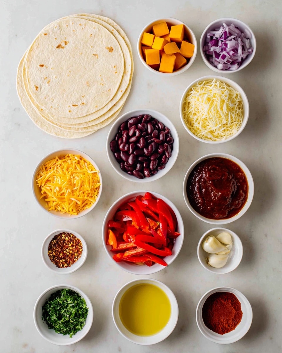 The image shows a flat lay of cooking ingredients on a white marbled surface. On the top left, there is a stack of light beige tortillas with soft texture. Surrounding the tortillas are small white bowls holding different colorful ingredients: bright orange chunks of butternut squash, deep purple pieces of chopped red onion, and a bowl of mixed beans in dark brown sauce. Next to these are pale yellow shredded cheese and a rich red tomato sauce. Below these are bright red chopped bell peppers, a bowl of finely chopped green herbs, and minced garlic in light yellow oil. At the bottom left is a small bowl of red chili flakes, next to a small white bowl of golden olive oil, and on the bottom right, a small bowl of red paprika powder. All ingredients are arranged neatly in rows, all in white bowls, on the white marbled surface. photo taken with an iphone --ar 4:5 --v 7
