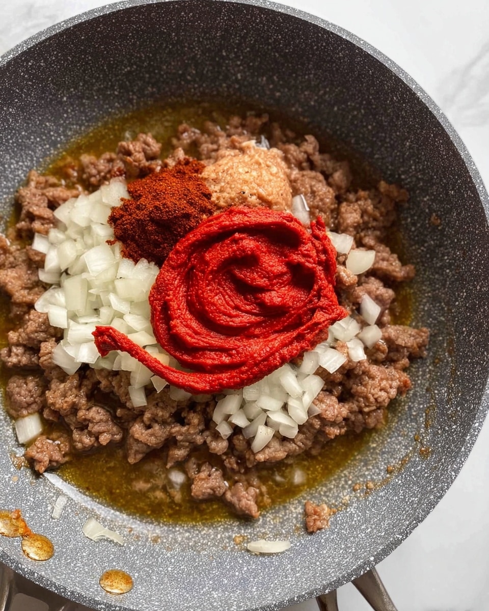 The image shows a grey speckled pan containing several layers of ingredients being cooked. At the bottom, there is a layer of browned ground meat with a somewhat chunky texture, surrounded by some cooking juices. On top of the meat, there is a layer of finely chopped white onions scattered mostly in the center. Next to the onions, there is a heap of brownish-red paste and a smaller portion of a thick, darker brown paste. On top of these pastes, there are bright red, thick swirls of a smooth paste with a dense texture. The pan is on a white marbled surface. photo taken with an iphone --ar 4:5 --v 7