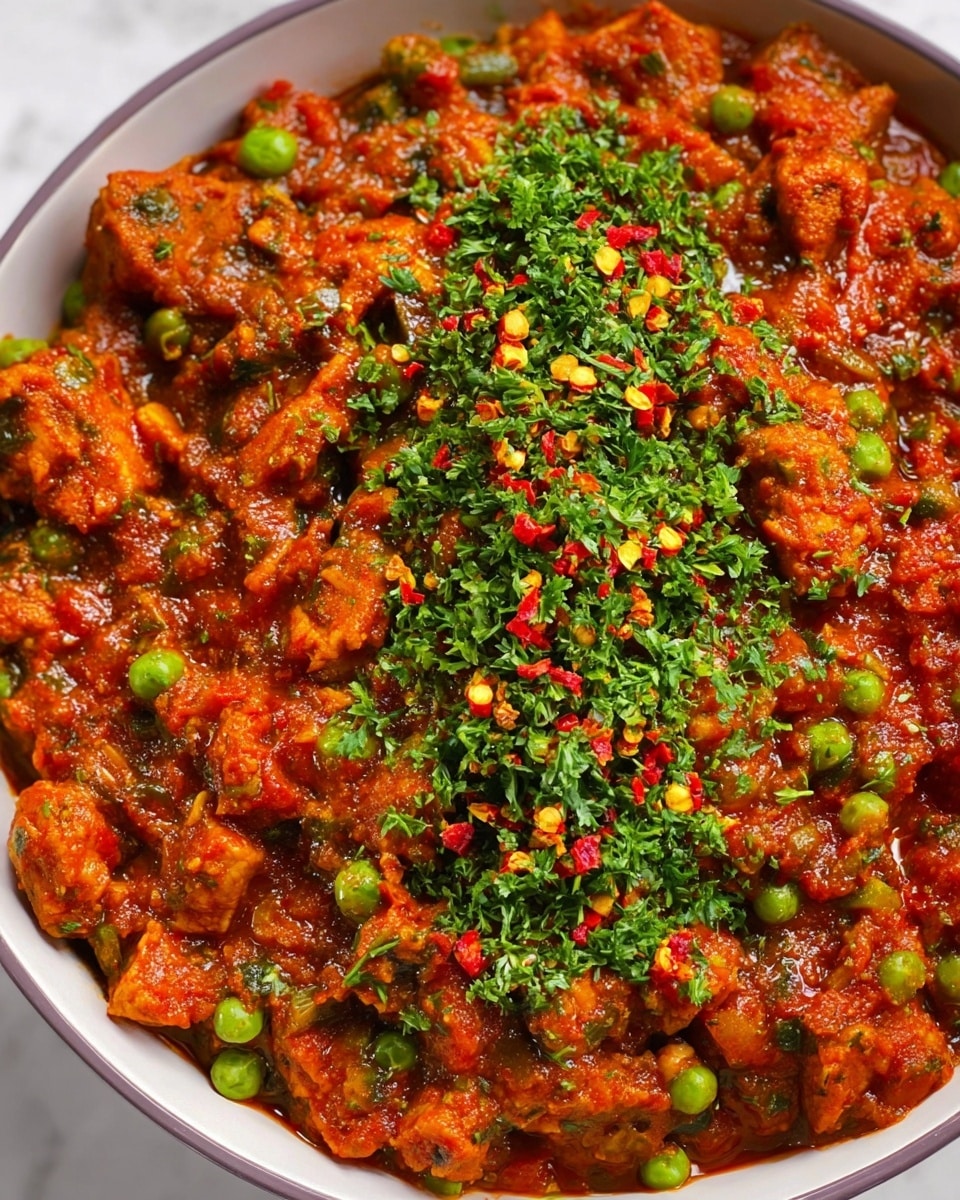 The image shows a close-up of a thick stew with two main layers. The base layer is rich and chunky, filled with pieces of cooked meat or textured vegetable protein in a bright red-orange sauce mixed with small green peas throughout. On top of this, there is a generous sprinkle of chopped fresh green herbs and some small red and yellow chili flakes, adding a pop of color and texture. The dish is inside a white bowl with a thin gray rim, resting on a white marbled surface. photo taken with an iphone --ar 4:5 --v 7
