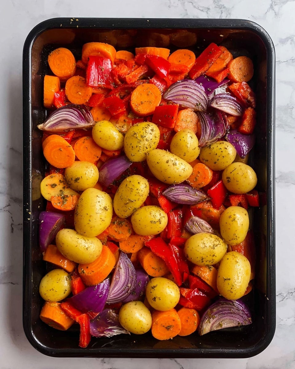 The image shows a black roasting pan filled with a colorful mix of raw vegetables arranged in one layer. The bottom layer has small whole yellow baby potatoes with smooth skins, scattered evenly. On top and mixed throughout are thick orange carrot slices with a soft texture, pieces of red bell pepper in medium chunks with a shiny surface, and quartered red onions showing purple and white layers with a slightly translucent look. The vegetables have some seasoning specks visible, giving a sprinkle of dark green herbs across the mix. The roasting pan sits on a white marbled surface. photo taken with an iphone --ar 4:5 --v 7